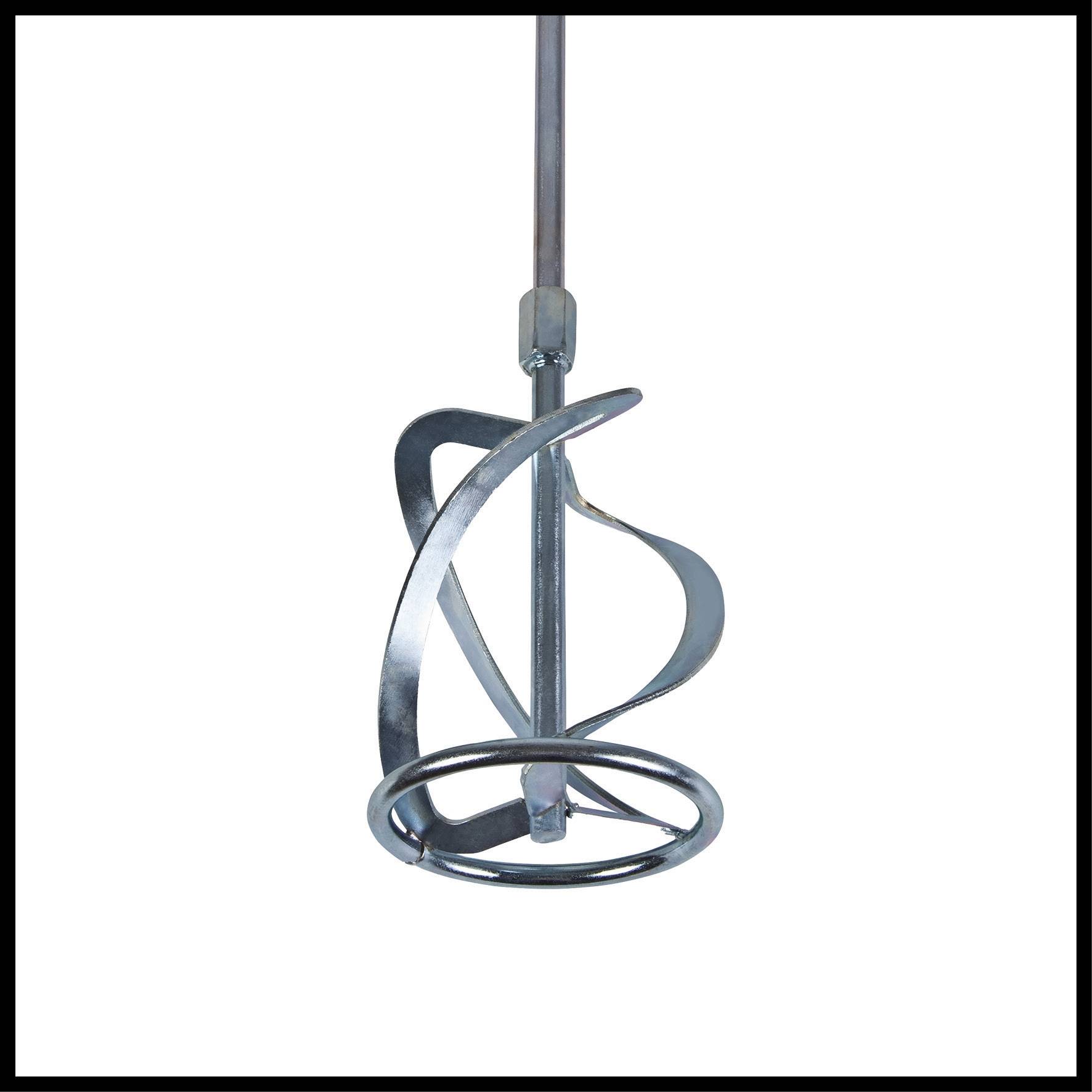 Ein silberner Rührer für eine Bohrmaschine mit spiralförmigen Metallflügeln zum Mischen von Farben oder Baustoffen.