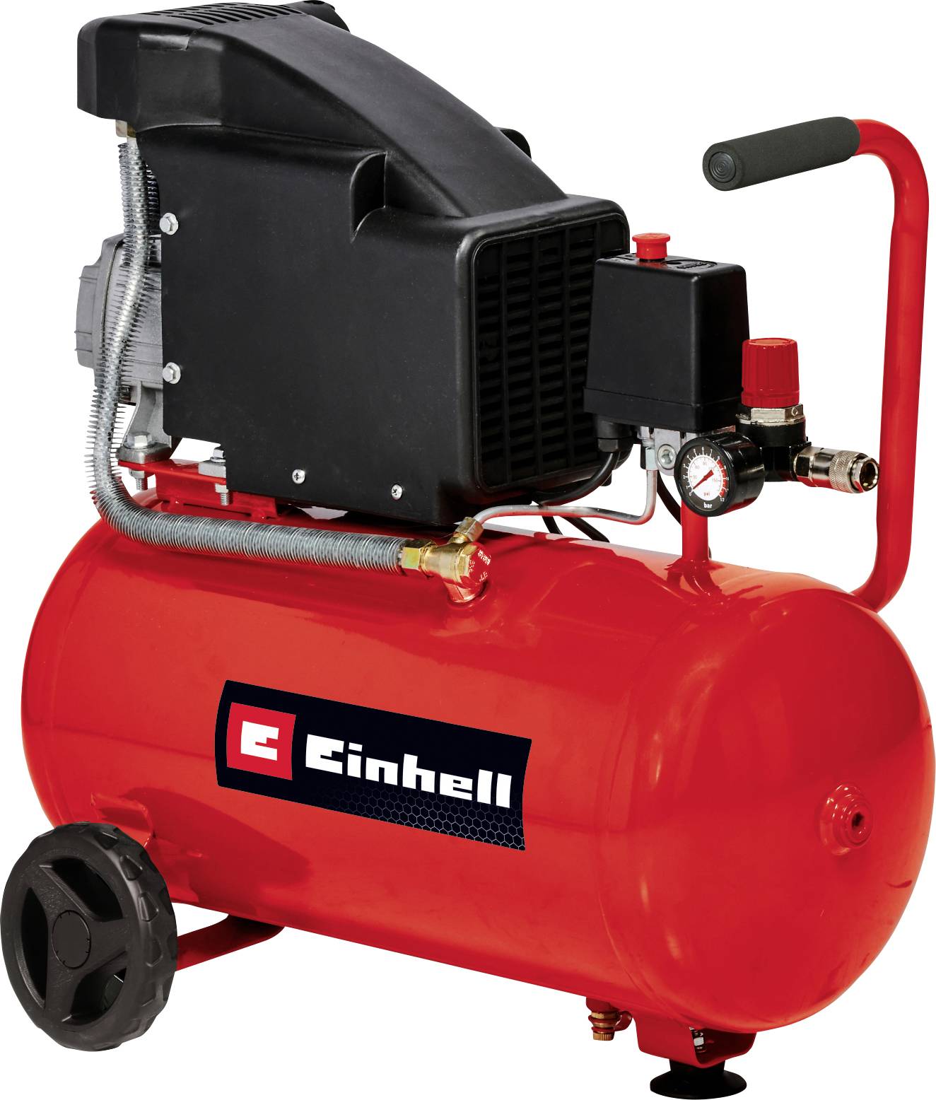 Roter tragbarer Druckluftbehälter von Einhell mit schwarzem Motor, Druckmesser, Rädern und Tragegriff auf weißem Hintergrund.