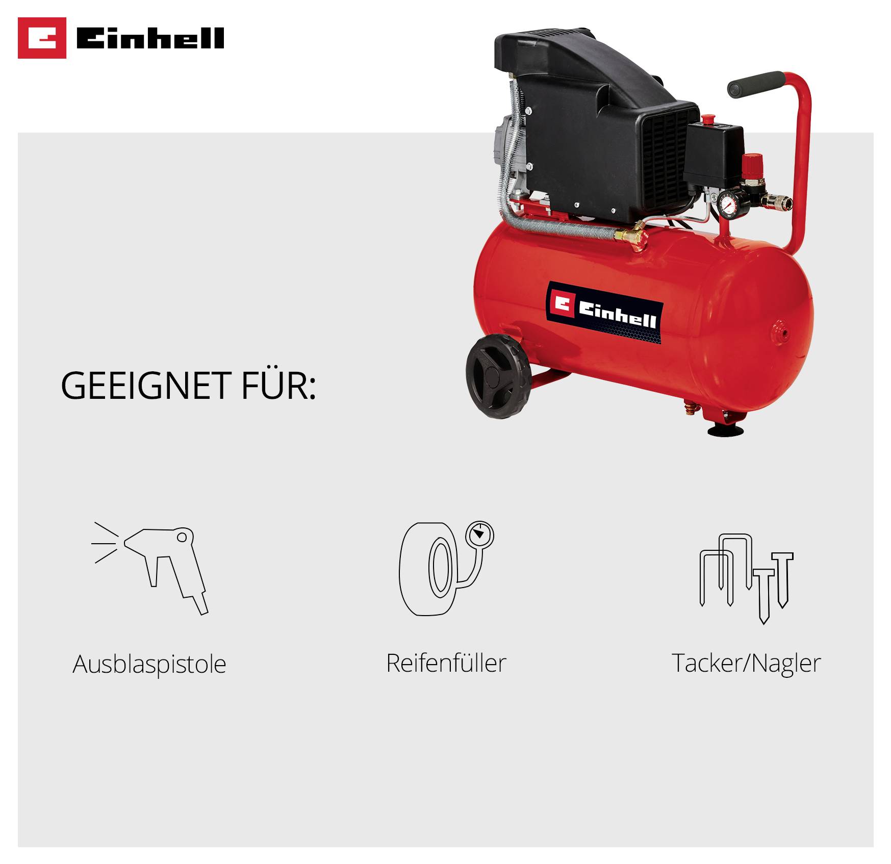 Einhell Kompressor; geeignet für Ausblaspistole, Reifenfüller und Tacker/Nagler.