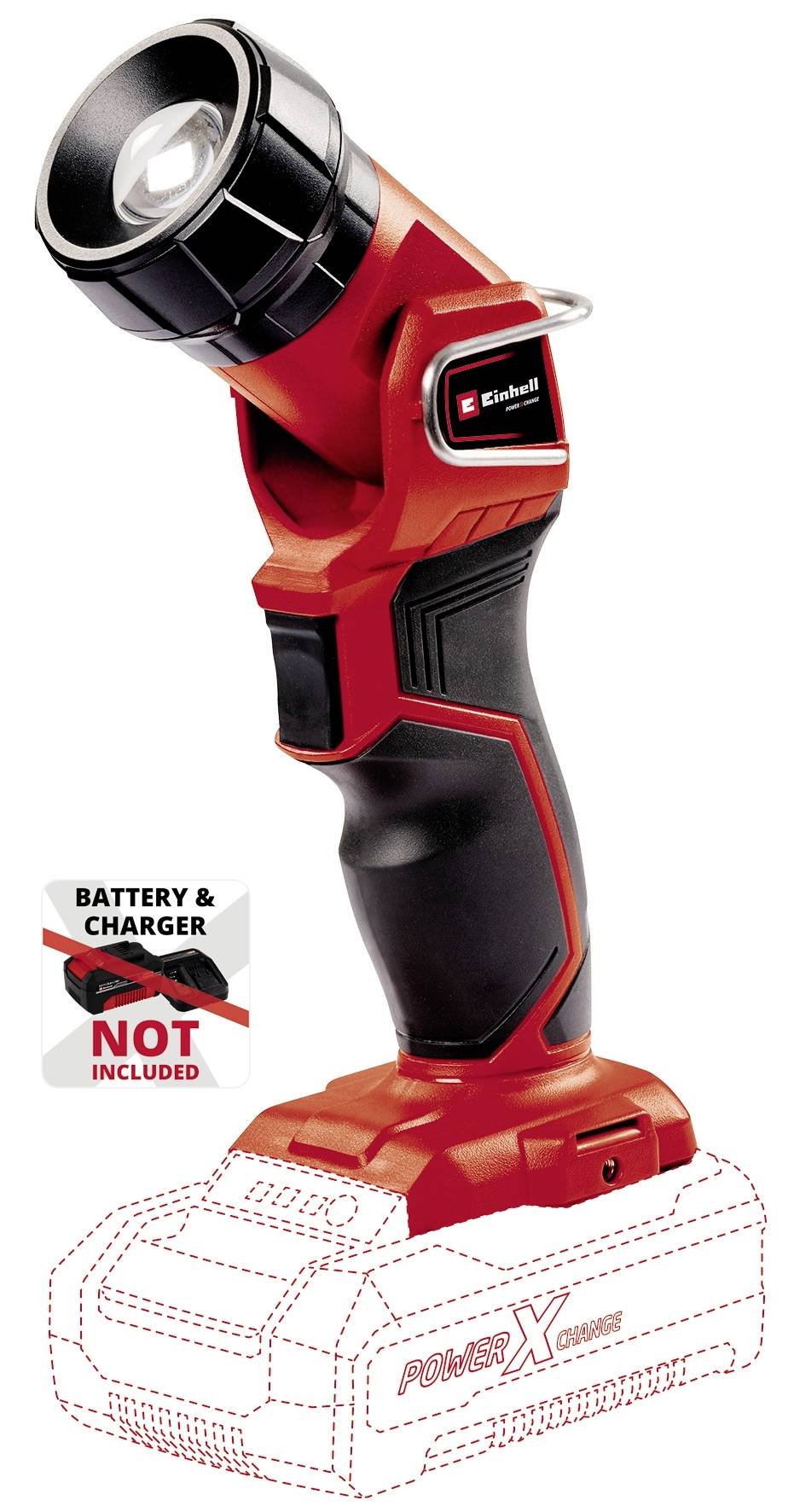 Rote LED-Taschenlampe mit ergonomischem Griff. Hinweis: 'Batterie & Ladegerät nicht enthalten.' Batteriefach unten dargestellt.