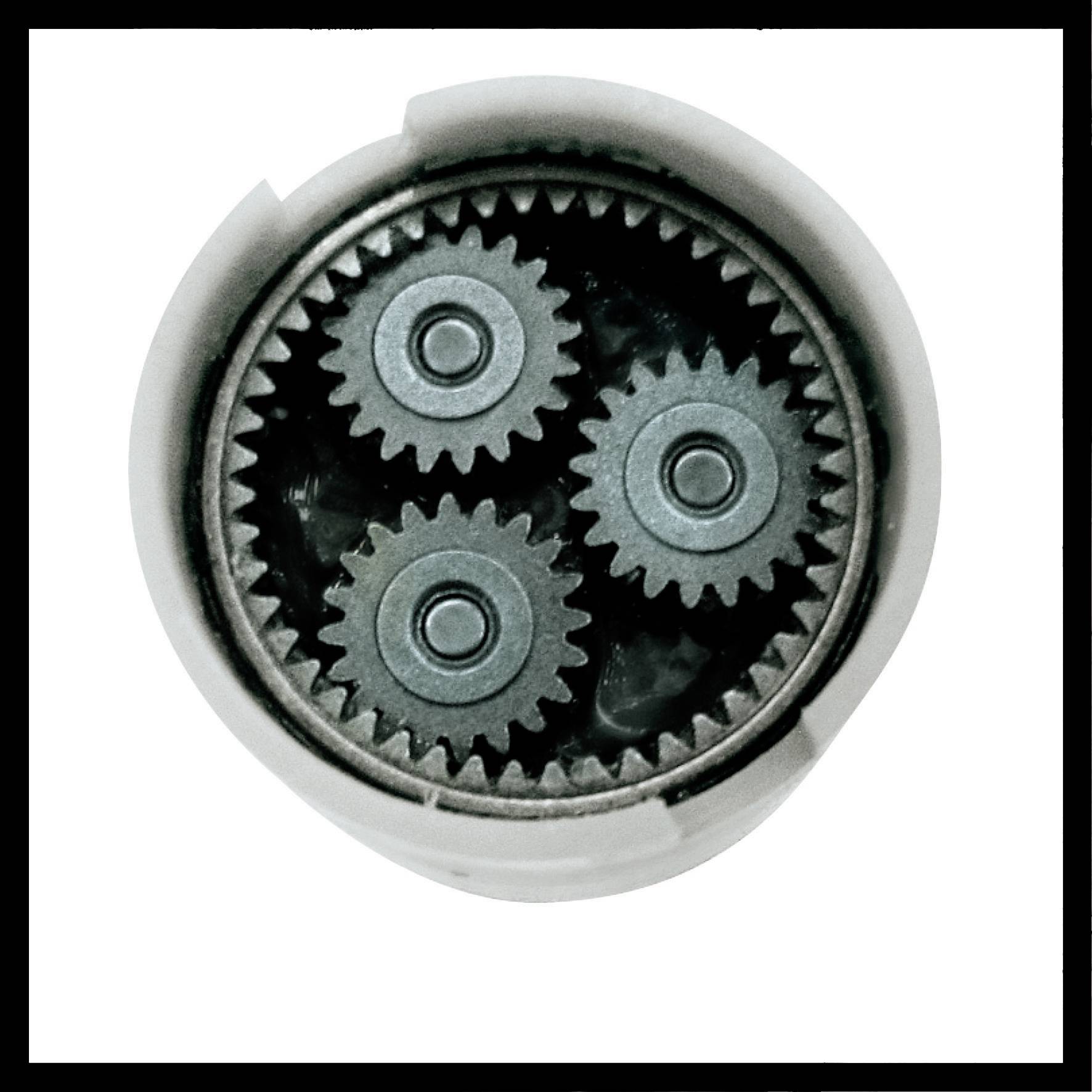 Ein Planetenzahnradgetriebe mit drei kleinen Zahnrädern, die um ein zentrales Zahnrad angeordnet sind, innerhalb eines äußeren Rings.