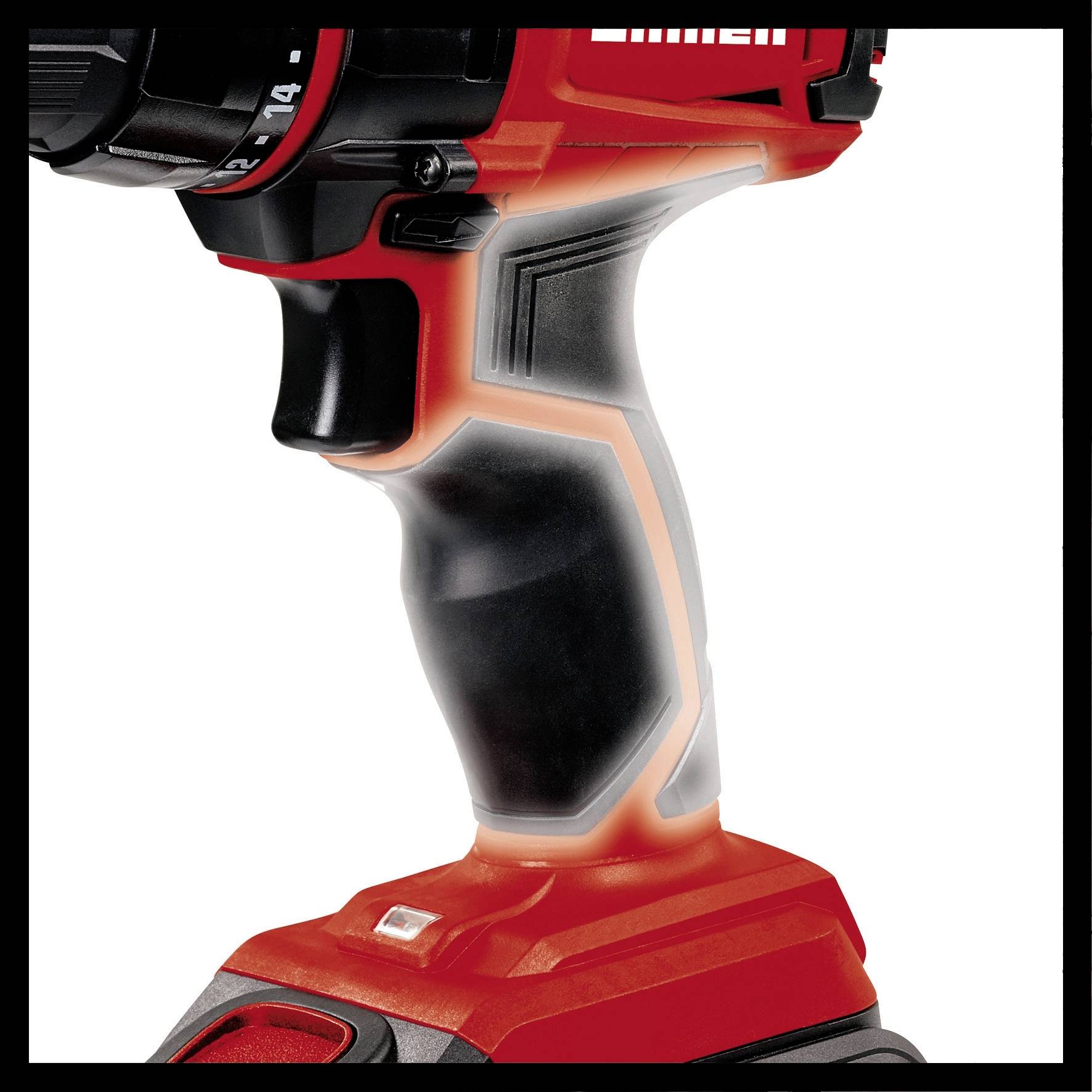 Nahaufnahme eines roten Elektrowerkzeuggriffs mit ergonomischem Design und schwarz-grauen Akzenten. Im oberen Bereich sind Schaltknöpfe sichtbar.