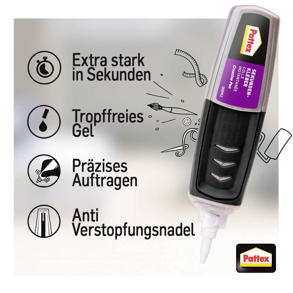 Ein flüssiger Kleber mit den Merkmalen: 'Extra stark in Sekunden', 'Tropffreies Gel', 'Präzises Auftragen', 'Anti-Verstopfungsnadel'.