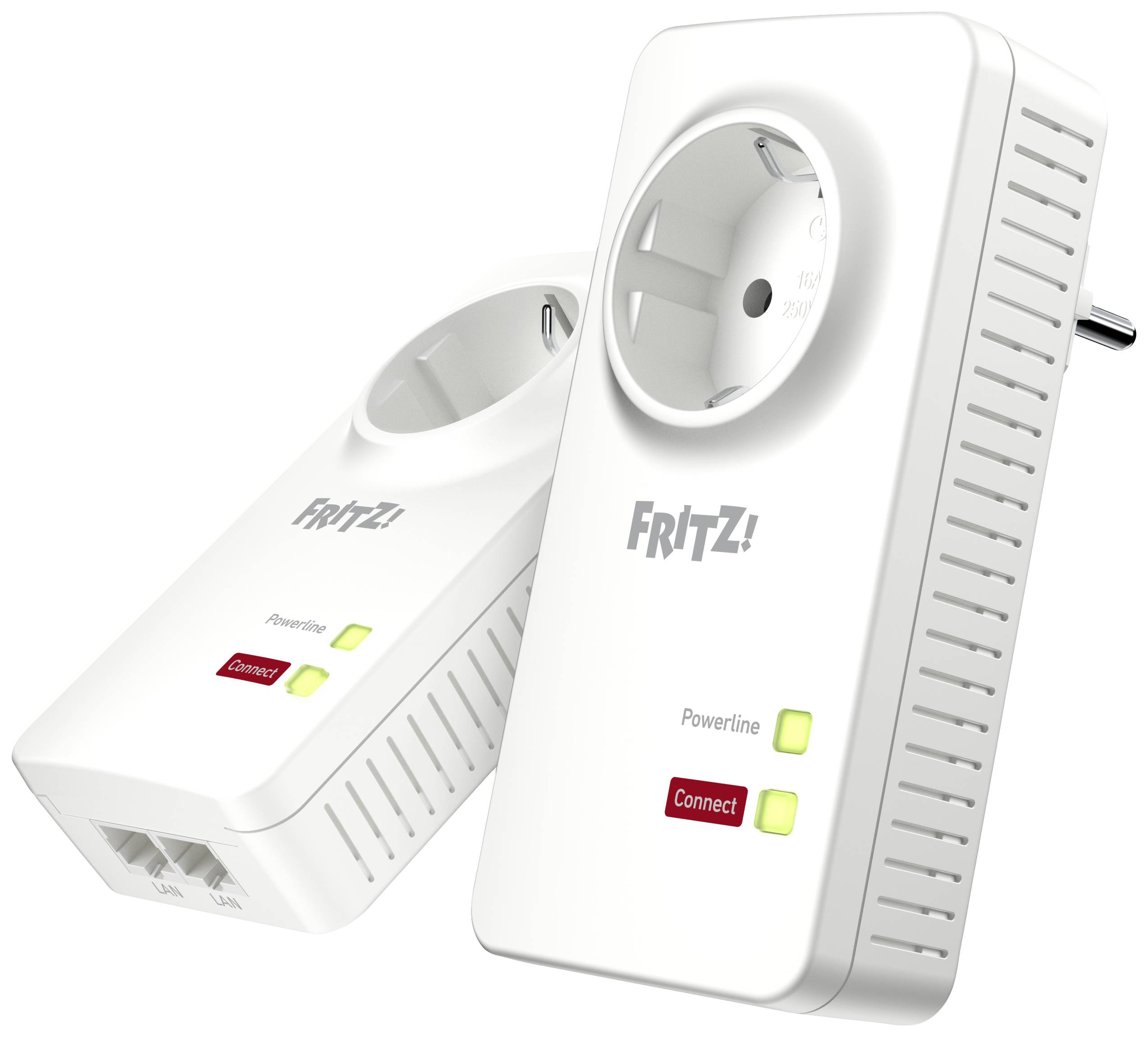 Zwei weiße Powerline-Adapter von Fritz! mit Steckdosenfunktion und LED-Anzeigen für Power und Verbindung, verwendet zur Netzwerkverbindung.