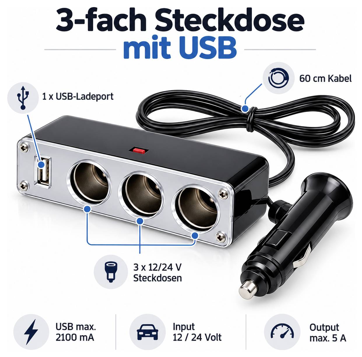 IWH 019014 Zigarettenanzünder-Verteiler Anzahl Zigarettenkupplungen 3 x Schnittstellen: USB 1 x