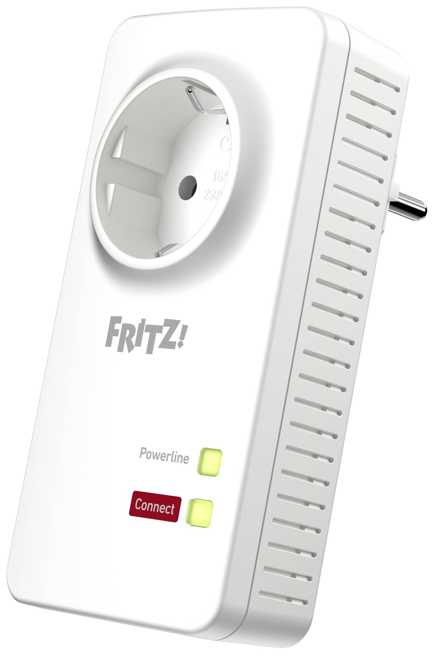 Ein weißer Powerline-Adapter von FRITZ! mit Steckdose und zwei LED-Anzeigen für 'PowerLine' und 'Connect', die leuchten.