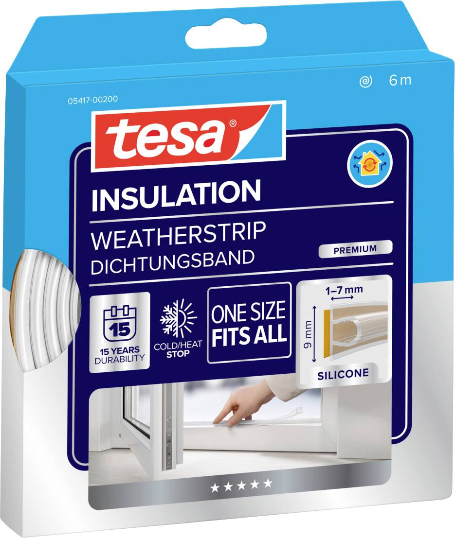Ein Paket Tesa Isolierungs-Dichtungsband, das als Premium-Silikon gekennzeichnet ist, geeignet für Spalten von 1-7 mm, mit einer Haltbarkeit von 15 Jahren.