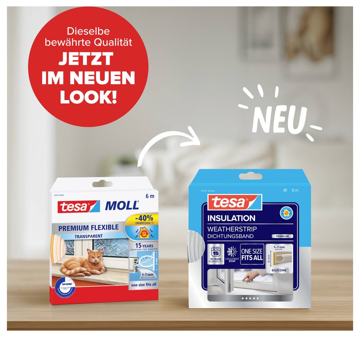 Links: Tesa Moll, Premium Flexible, 6 m, transparent, mit Bild einer Katze. Rechts: Tesa Insulation, neues Design, Symbolbild Fenster.