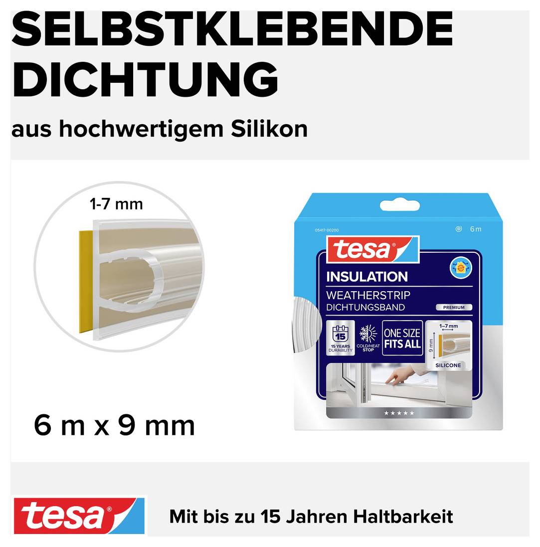 'Selbstklebende Dichtung aus hochwertigem Silikon' für Fenster und Türen, Maße: 6 m x 9 mm, Haltbarkeit bis zu 15 Jahre.