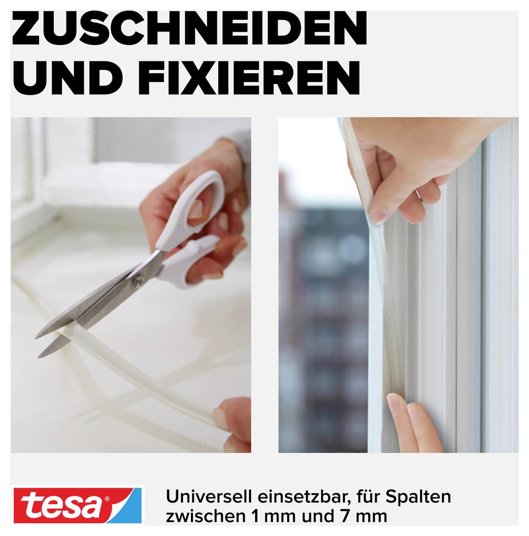 'Zuschneiden und Fixieren', zwei Bilder: Jemand schneidet eine Dichtungsbahn und klebt sie an ein Fenster. Text: 'Universell einsetzbar, für Spalten zwischen 1 mm und 7 mm'.