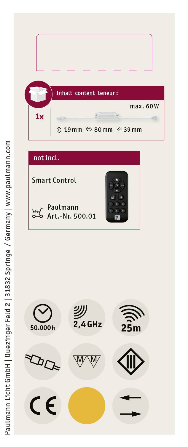 Einzelpackung mit E27 LED-Birne (max. 60W) nicht enthalten. Smart Control Fernbedienung, Reichweite: 25m. Symbole für 50.000h Lebensdauer, 2,4 GHz.