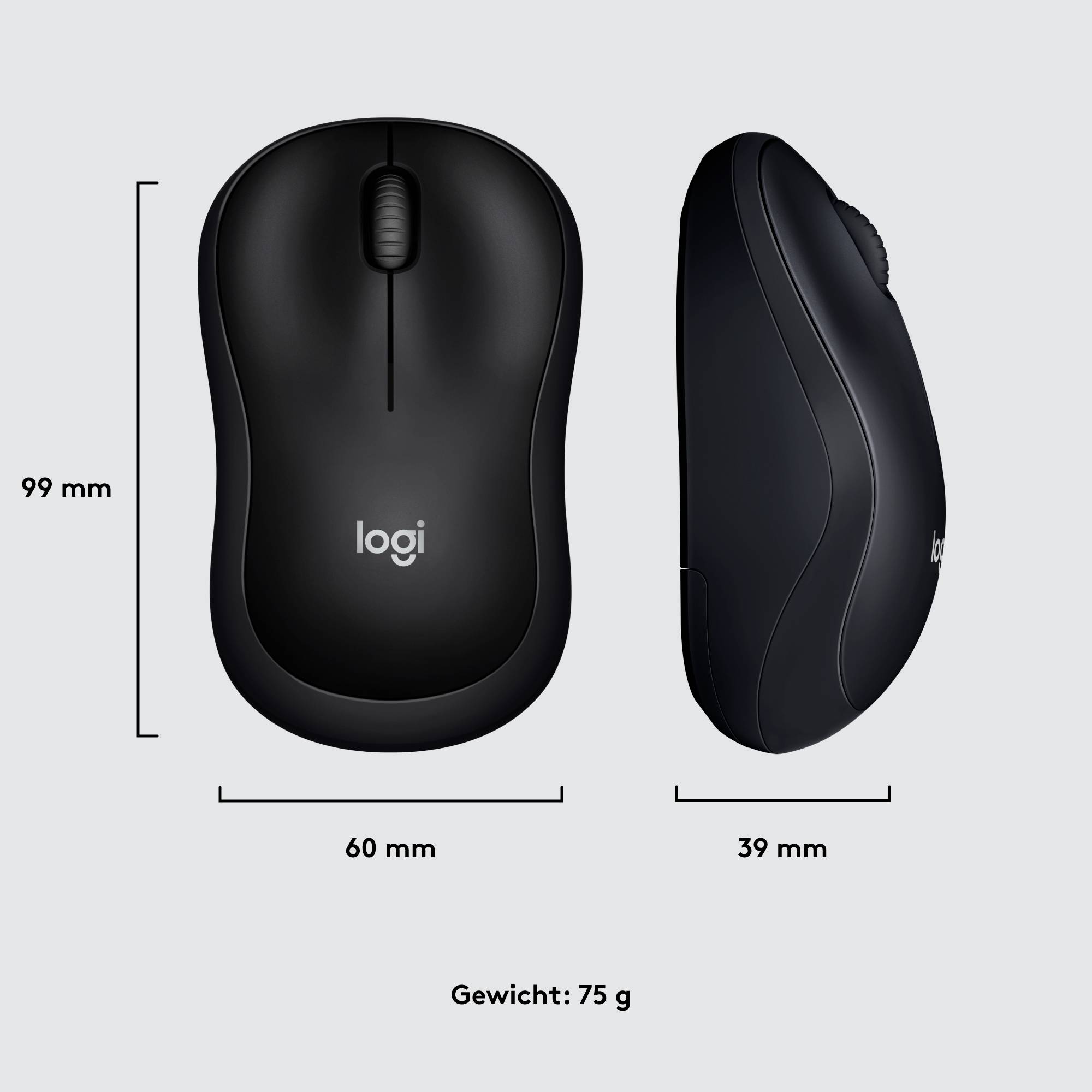 Schwarze kabellose Computermaus von der Seite und von oben, mit den Maßen 99 mm x 60 mm x 39 mm und einem Gewicht von 75 g.