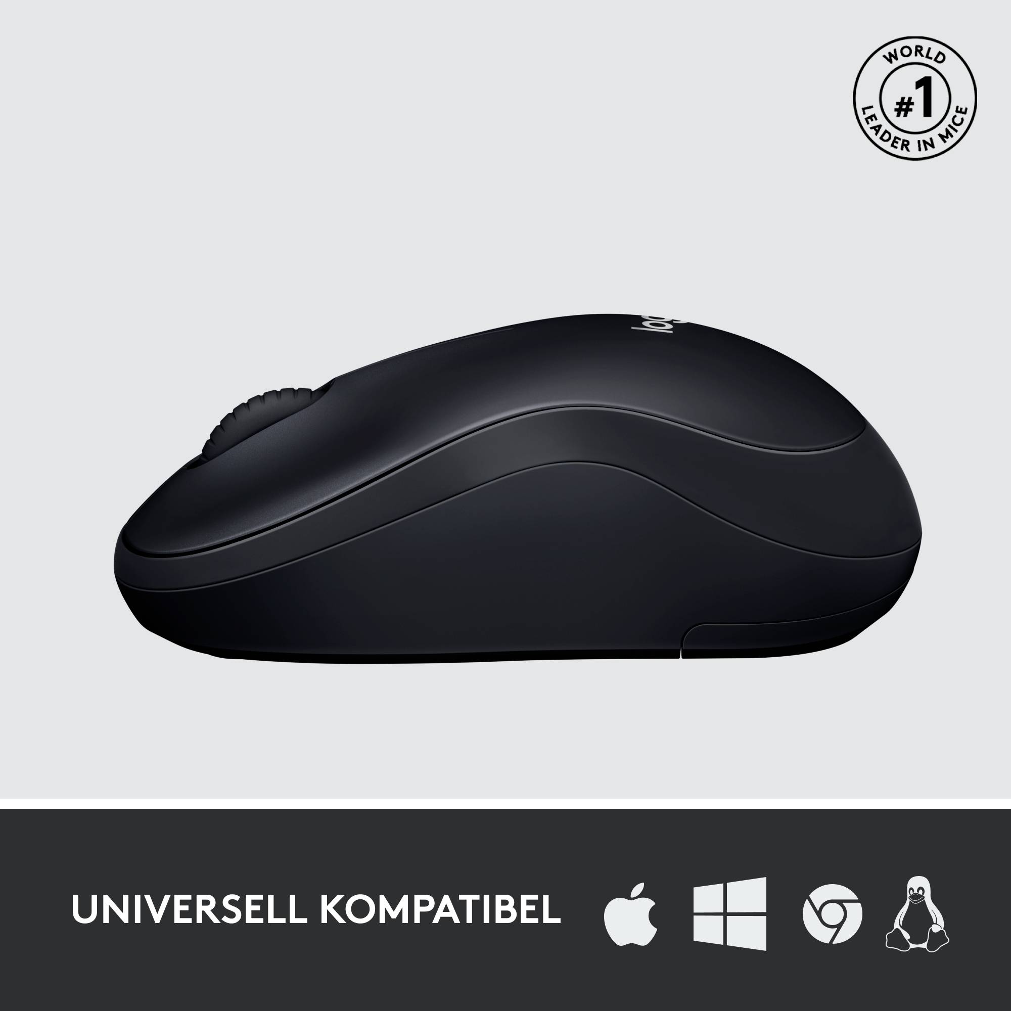 Schwarze Computermaus von der Seite, universell kompatibel mit Windows, macOS und anderen Systemen, gemäß Abbildungssymbolen.
