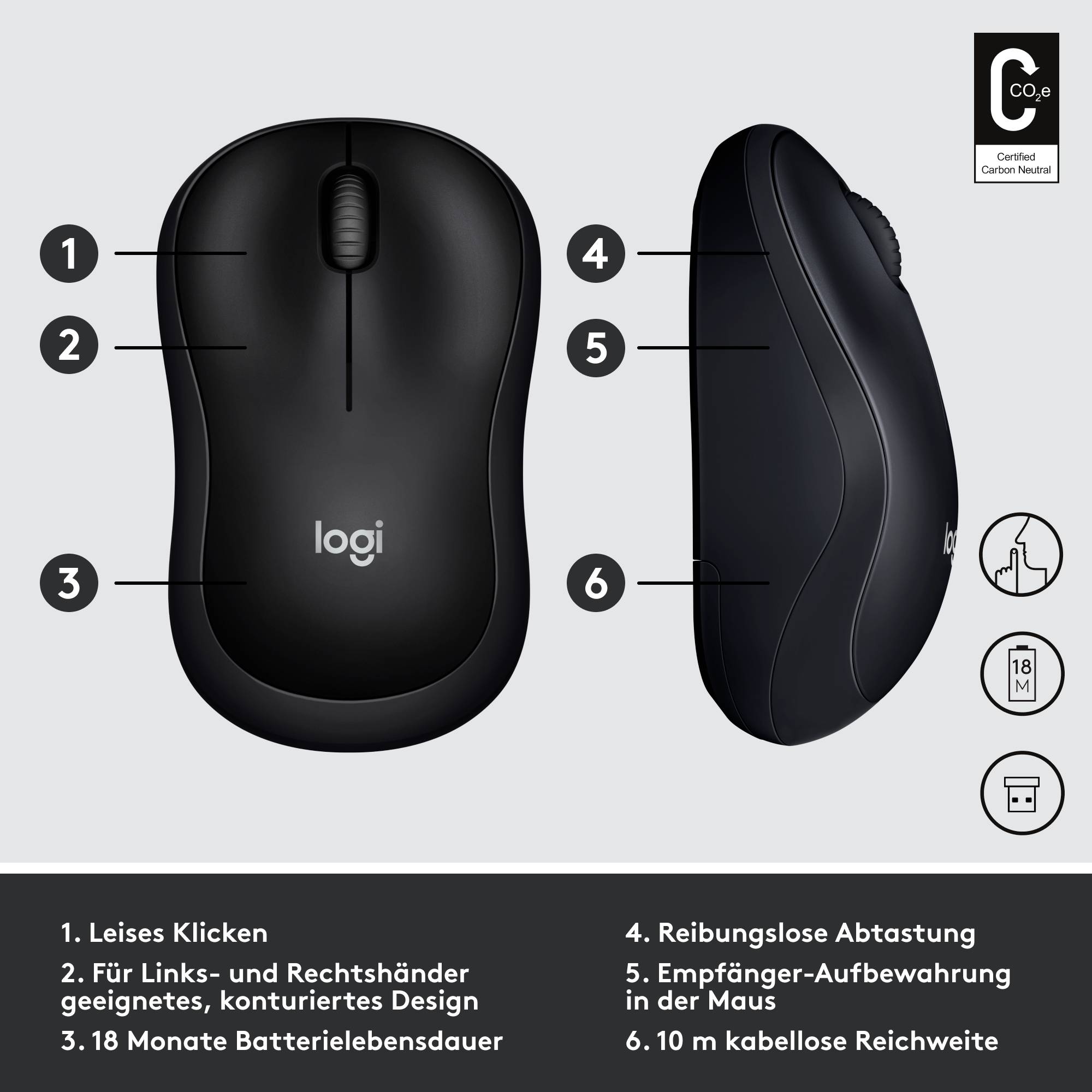 Logitech M220 Silent Maus Funk Optisch Schwarz 3 Tasten 1000 dpi