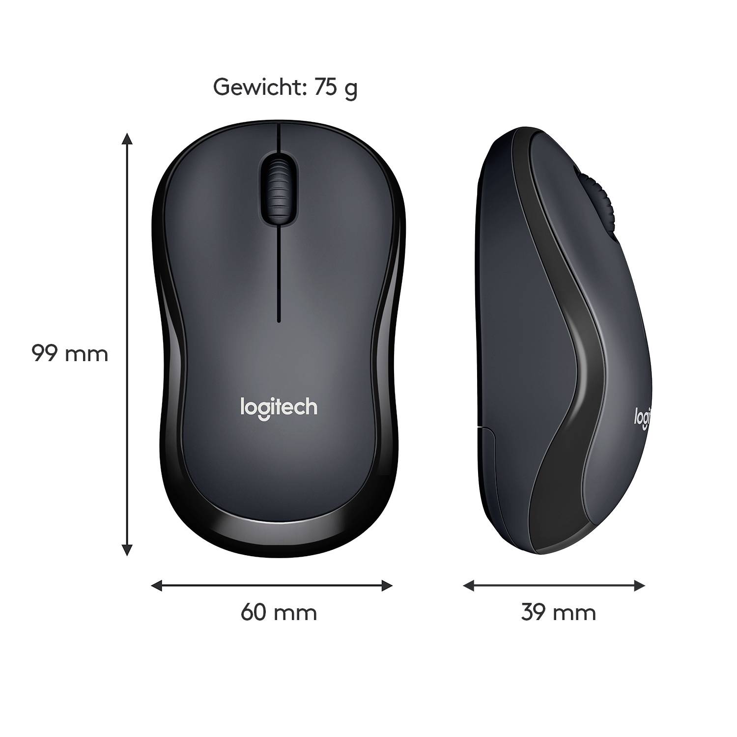 Zwei Ansichten einer schwarzen kabellosen Computermaus mit den Maßen: Höhe 99 mm, Breite 60 mm, Tiefe 39 mm, Gewicht 75 g.