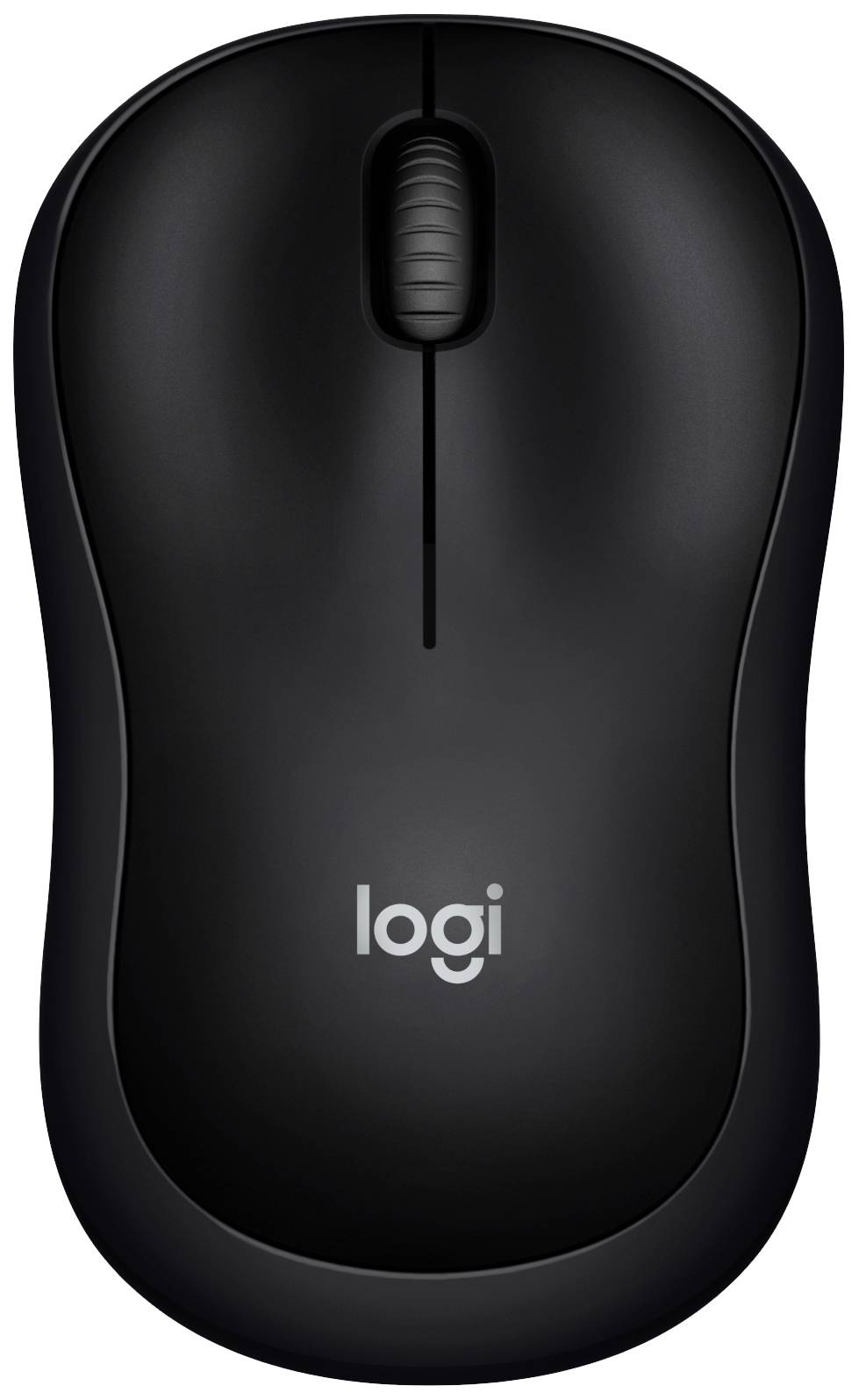 Eine schwarze kabellose Computermaus mit dem Logo 'logi' auf der Vorderseite, geeignet für alltägliche Computeraufgaben.