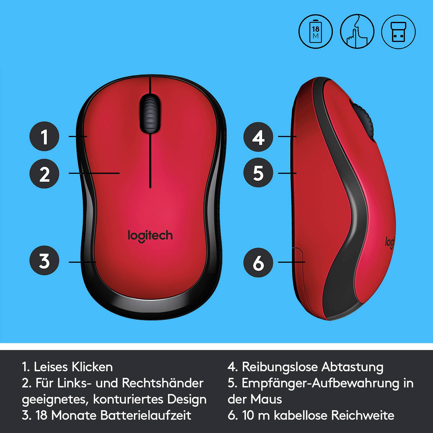 Logitech M220 Silent Maus Funk Optisch Rot 3 Tasten 1000 dpi