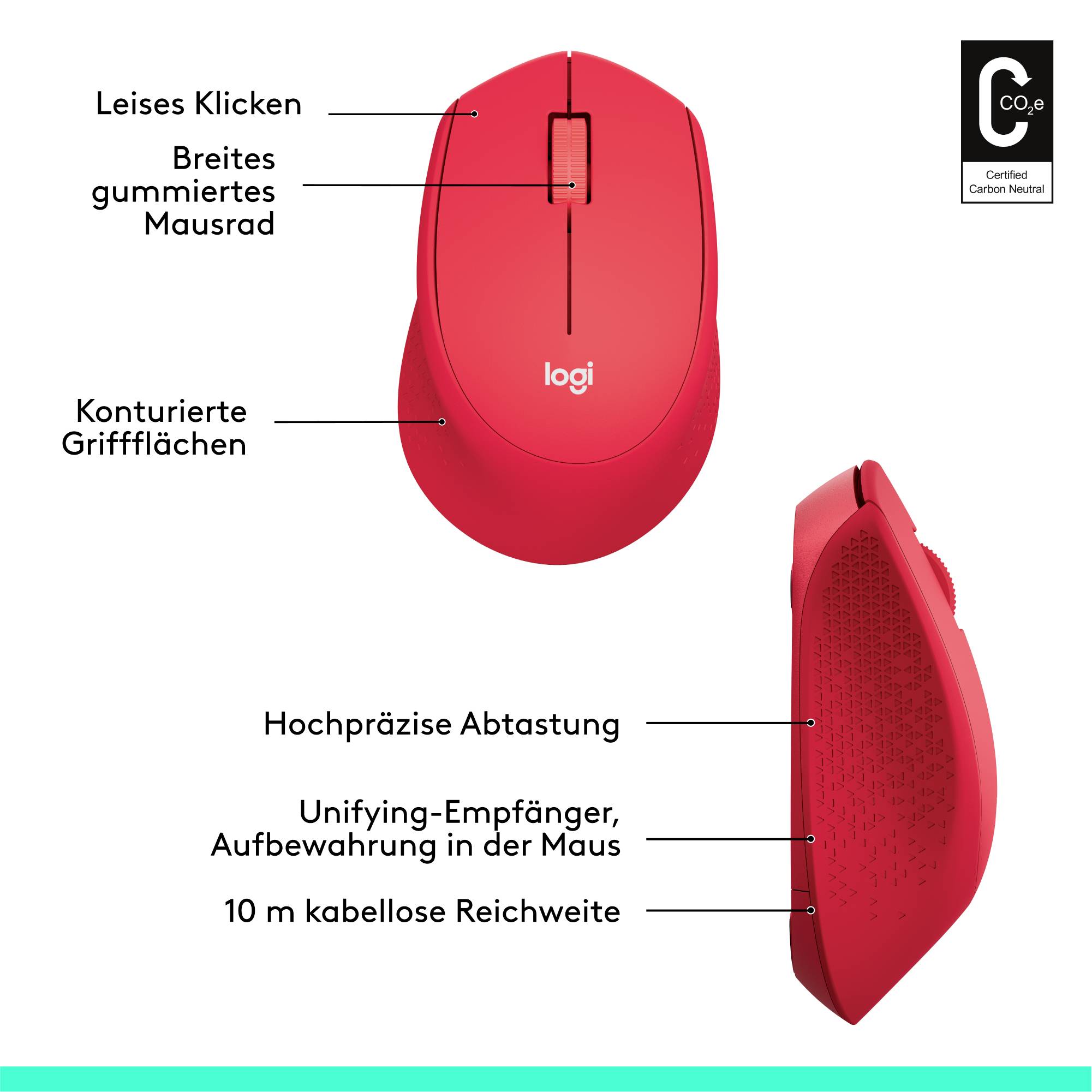 Logitech M330 Silent Plus Maus Funk Optisch Rot 3 Tasten 1000 dpi