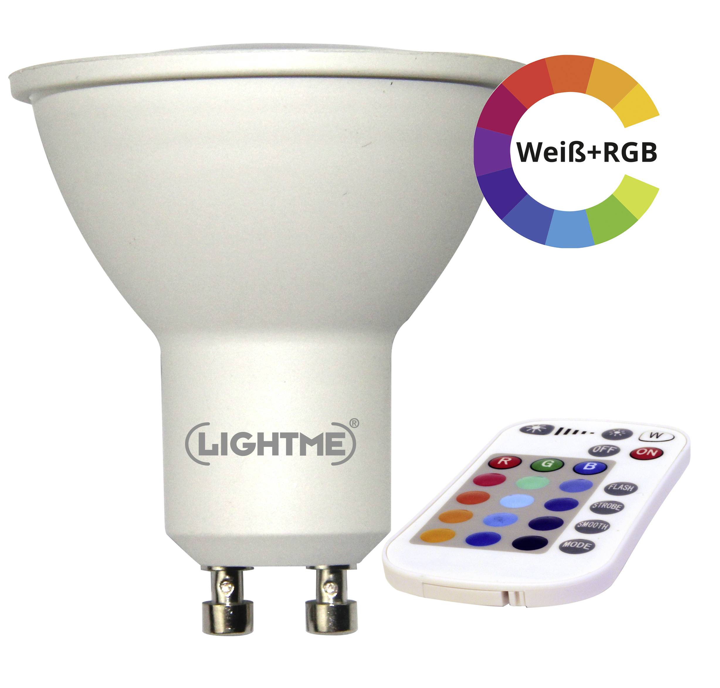 Eine LED-Lampe mit GU10-Sockel und einer Fernbedienung zur Farbsteuerung. 'LIGHTME' Logo sichtbar. RGB- und Weißlichtoptionen.