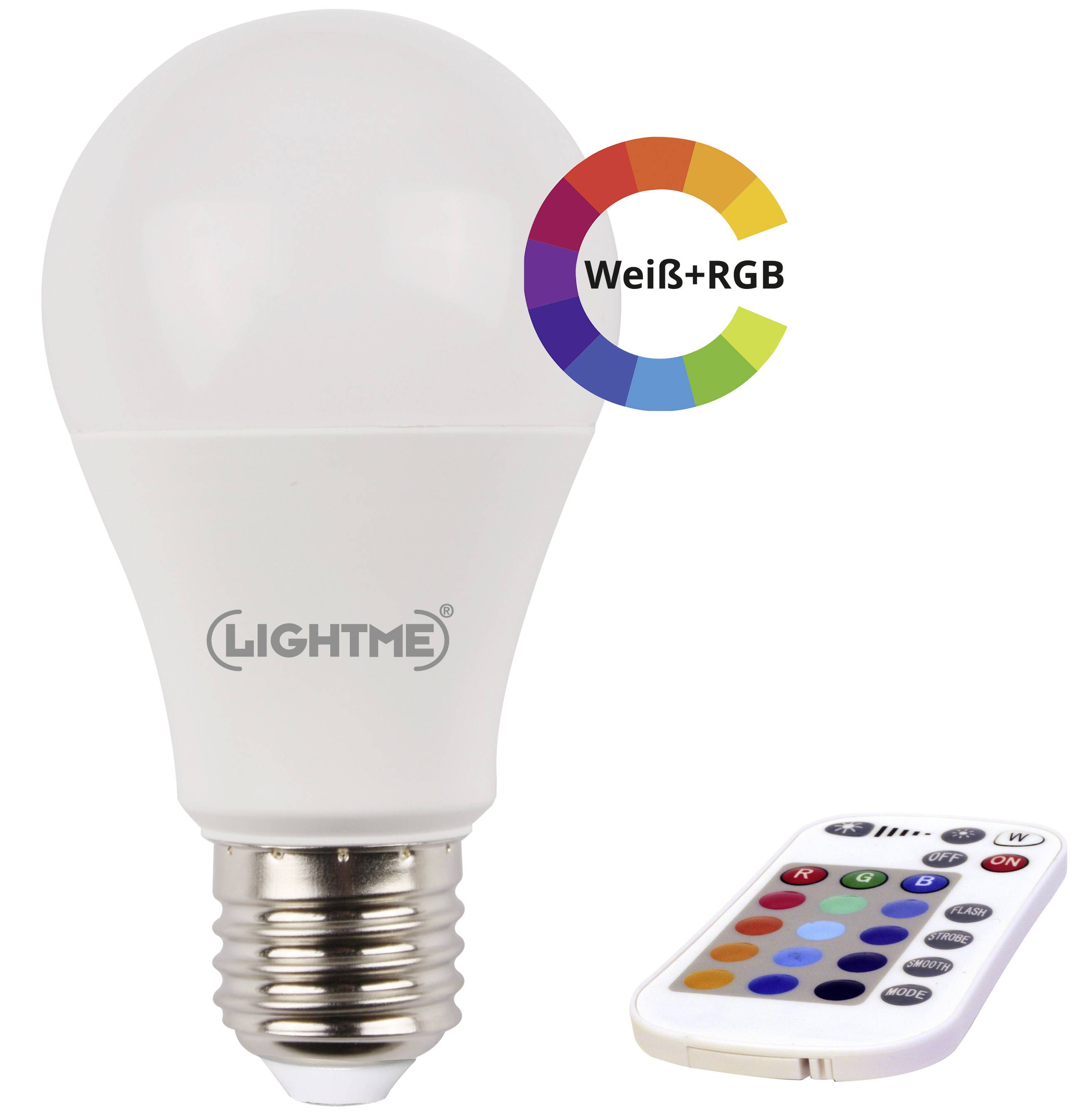 Glühbirne mit 'LIGHTME'-Logo, RGB-Farbkreis und Fernbedienung. RGB- und Weißlicht einstellbar. Typisch für smarte Beleuchtung.