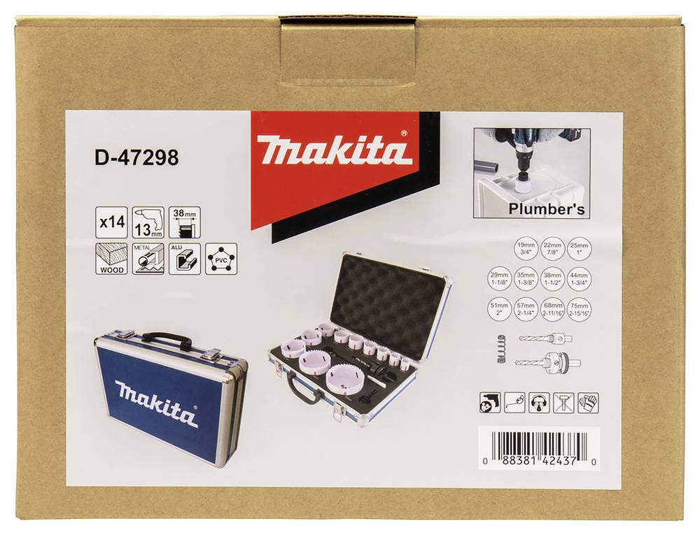 'Makita D-47298' Werkzeugsatz für Tischler. Enthält 14 Teile für Holzarbeiten bis 38 mm Dicke. Zeigt Werkzeuge in einem blauen Koffer.