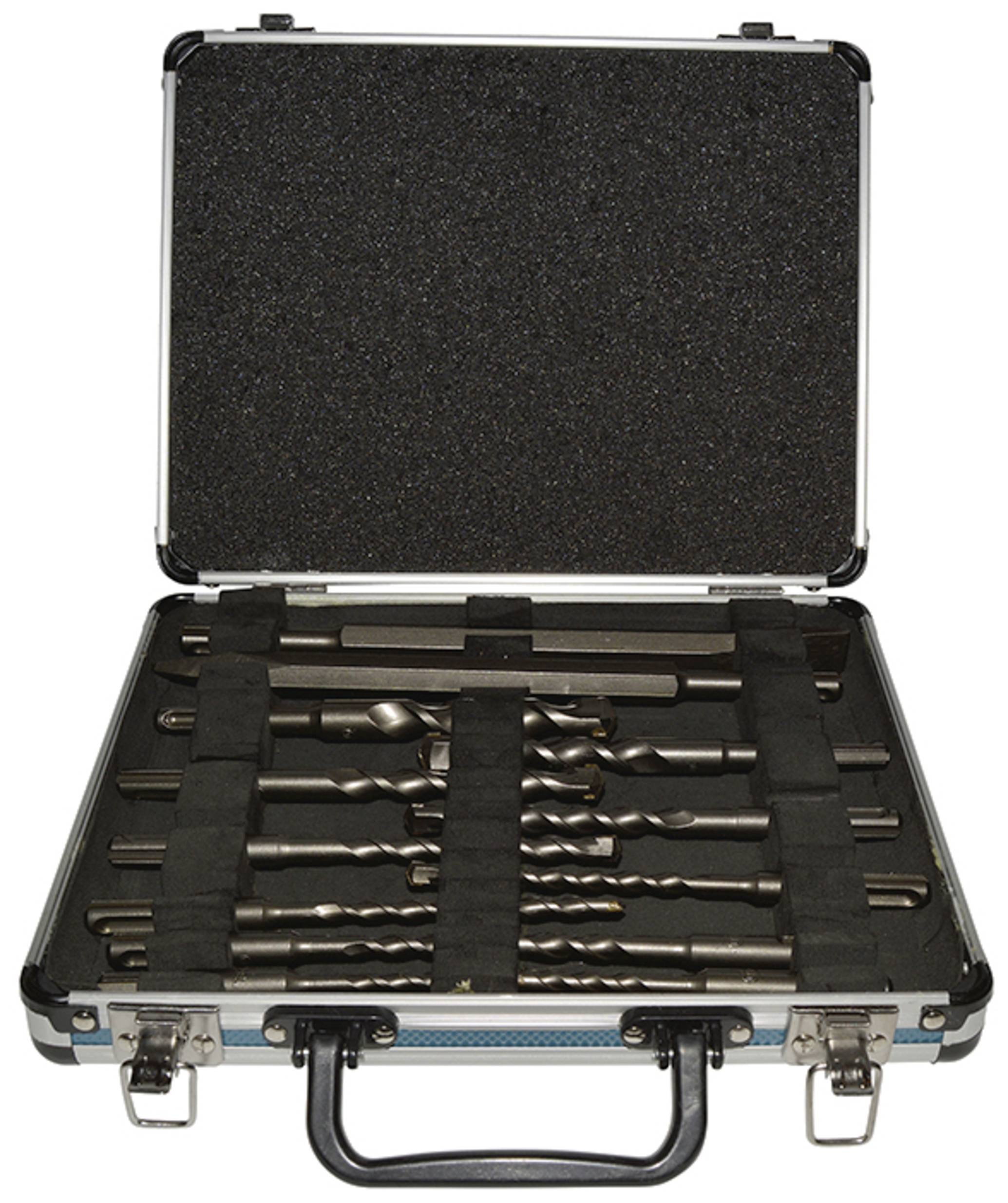 Ein offener Werkzeugkoffer mit verschiedenen Bohrern in verschiedenen Größen, ordentlich in Schaumstoffeinlagen angeordnet.