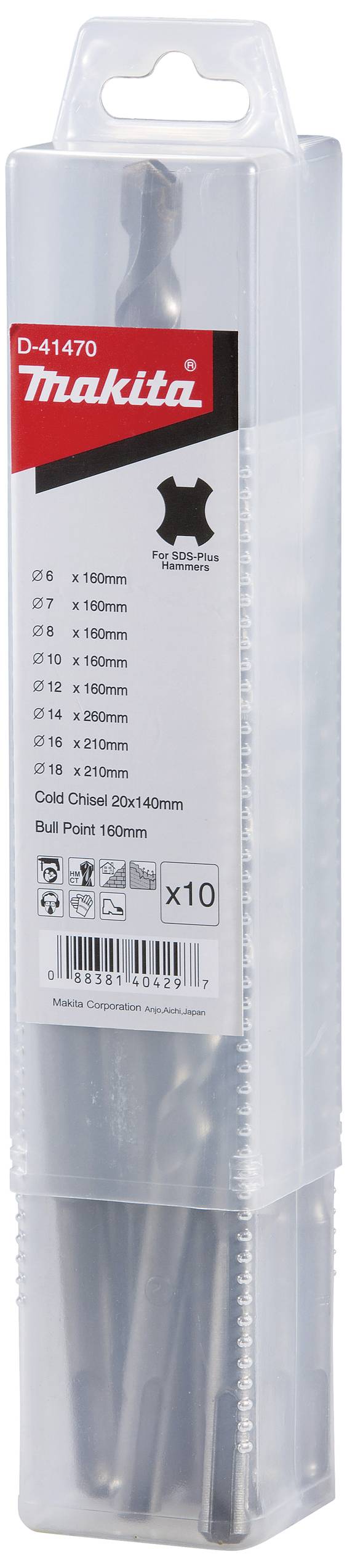 Ein Set von zehn Bohrern in einer transparenten Verpackung der Marke Makita, geeignet für verschiedene Bohrdurchmesser und Materialien.