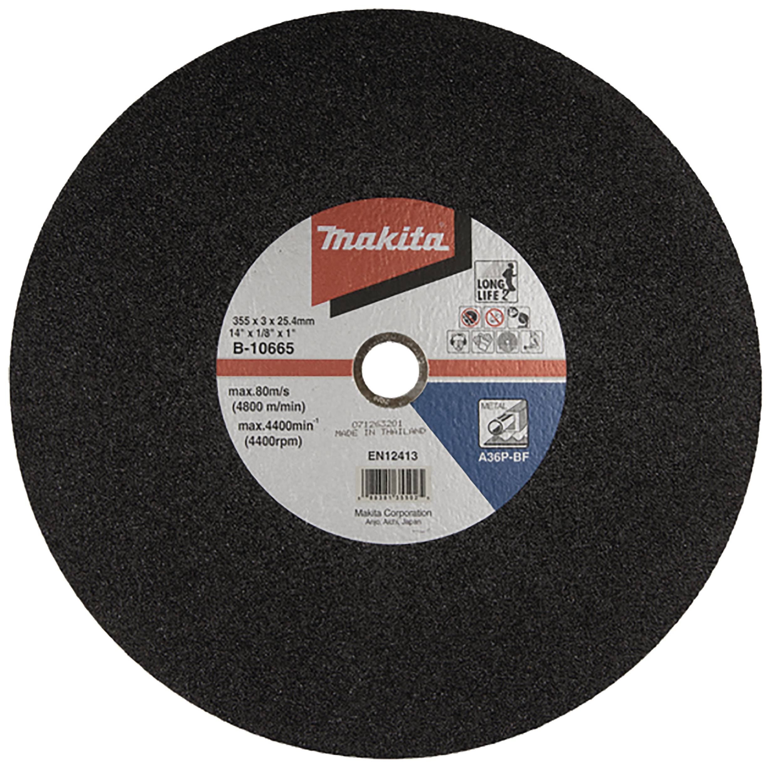 Schleifscheibe von Makita, 355 x 3 x 25,4 mm, Modell B-10665, geeignet für 80 m/s maximal; verwendbar bei 4800 U/min.