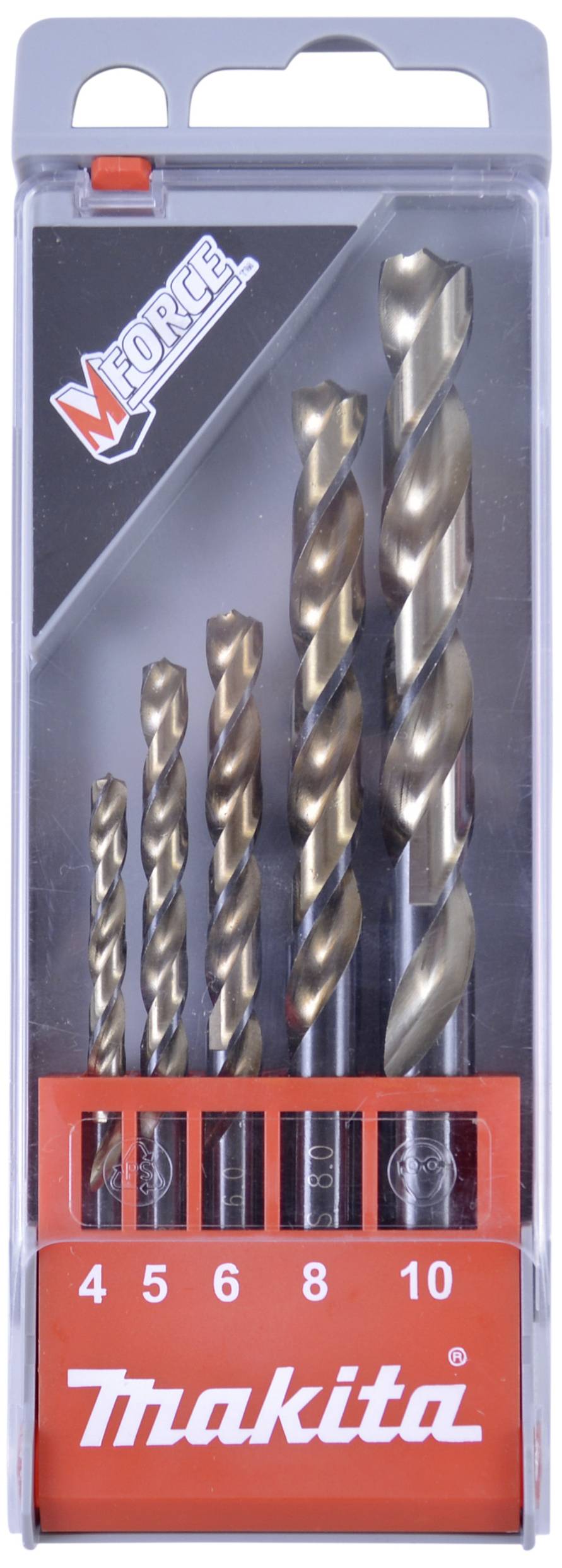 Bohrer-Set in einer transparenten Box mit übereinander gestapelten Bohrern; Größen 4, 5, 6, 8 und 10 mm; Marke 'Makita'.