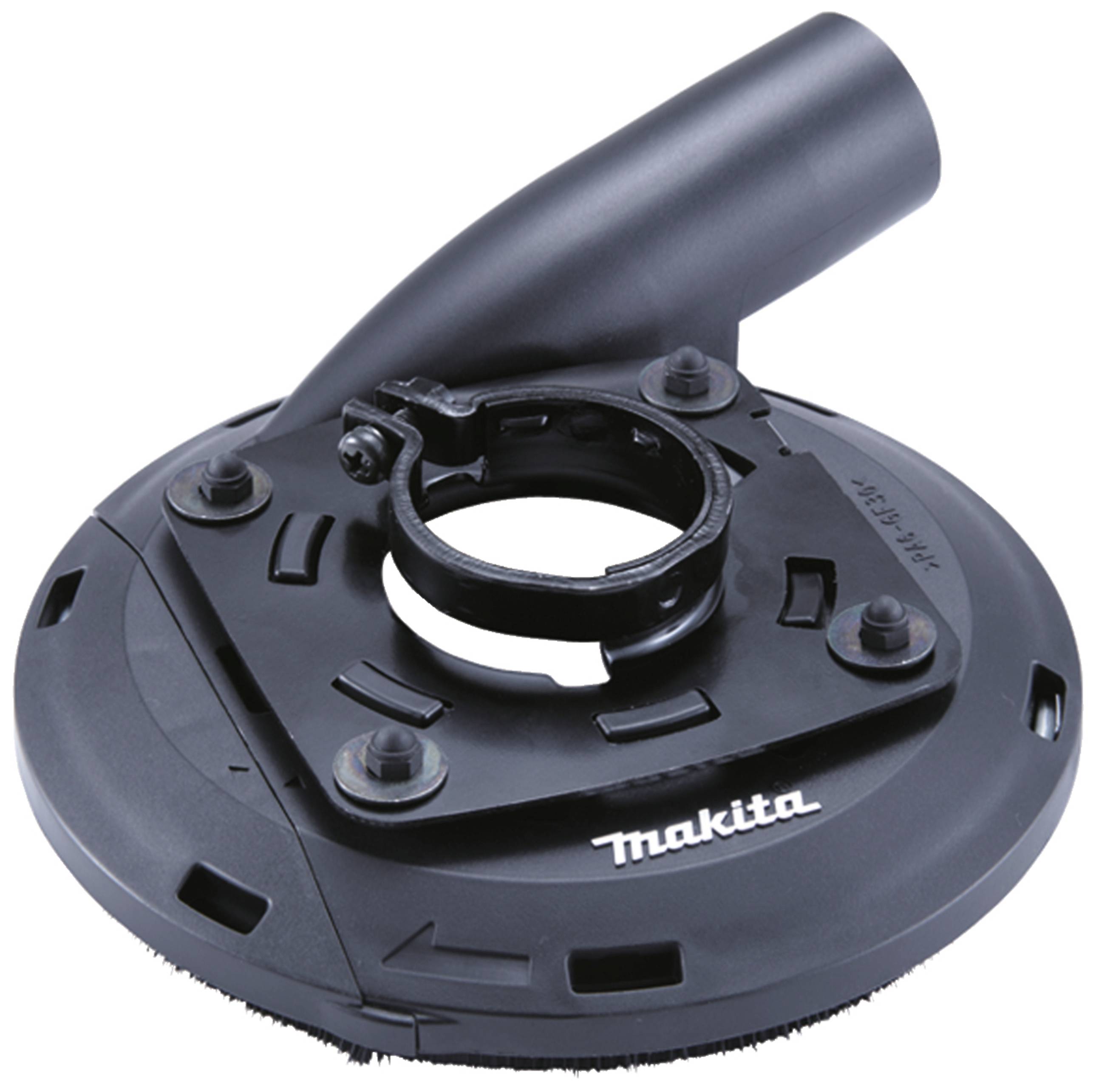 Staubabsaughaube von Makita, rundes Design, schwarze Farbe, geeignet für Winkelschleifer, verbessert den Staubschutz bei Schleifarbeiten.