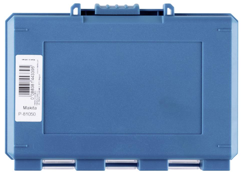 Ein blauer Makita-Aufbewahrungskoffer mit einem beschrifteten Barcode auf der Seite, entworfen zur Organisation und Lagerung von Werkzeugen, mit einem sicheren Verschluss.