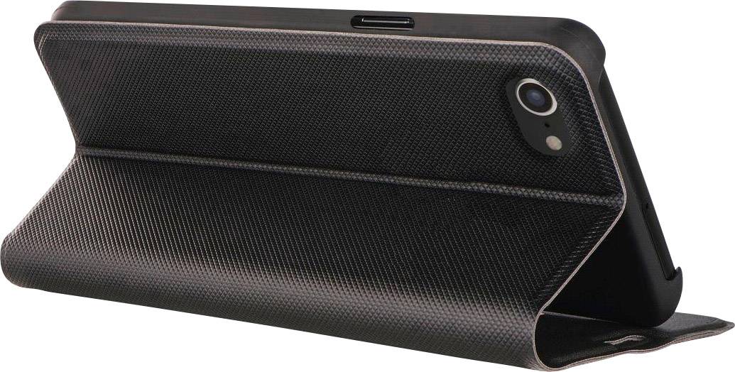 Ein Smartphone in einer schwarzen, aufstellbaren Texturhülle, geöffnet in einem horizontalen Winkel auf einem Tisch platziert.