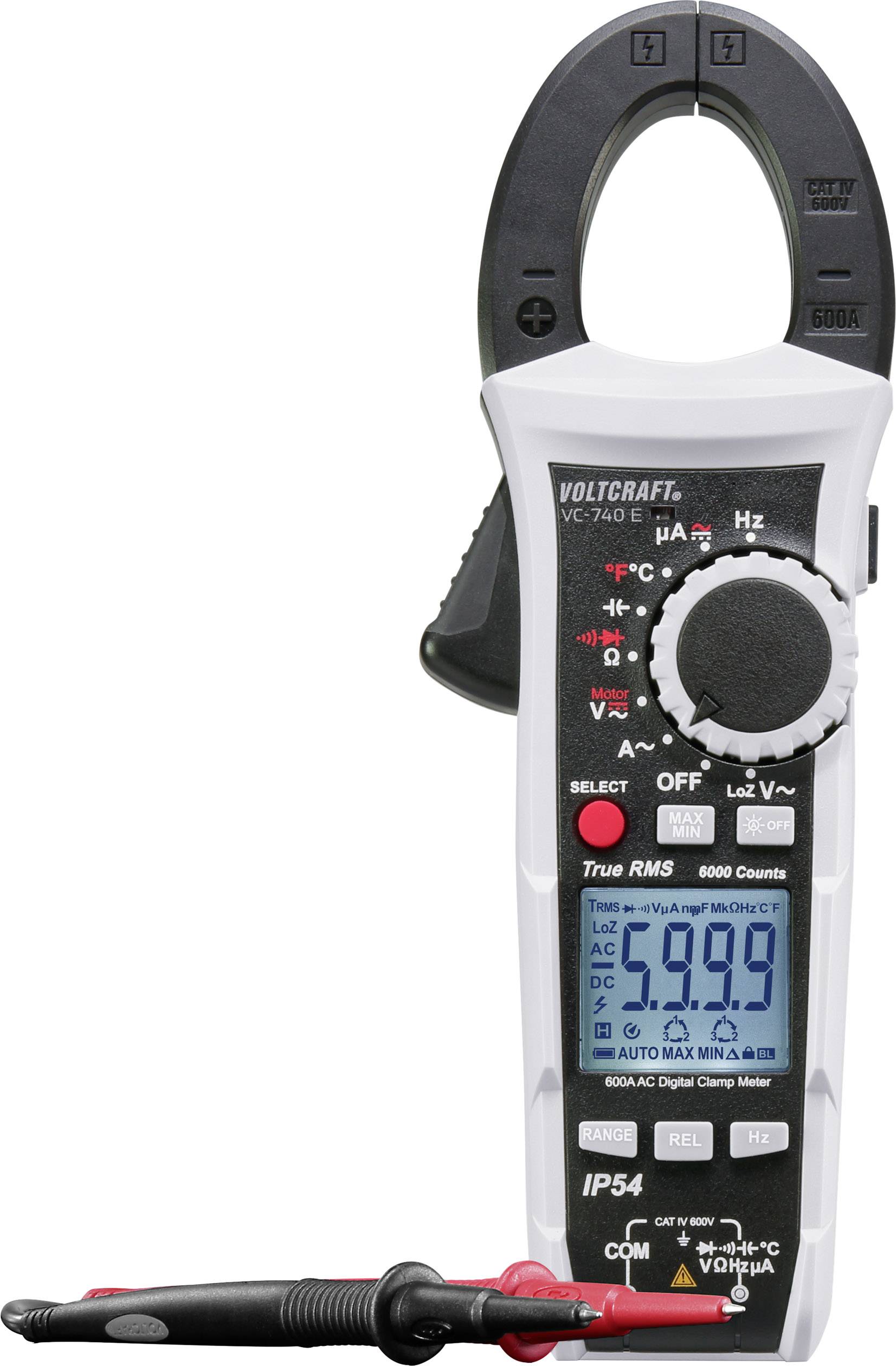 Ein Digital-Multimeter mit Stromzange, Display zeigt 59,99. Enthält Drehschalter für Spannung und Strommessung, zwei Messleitungen.