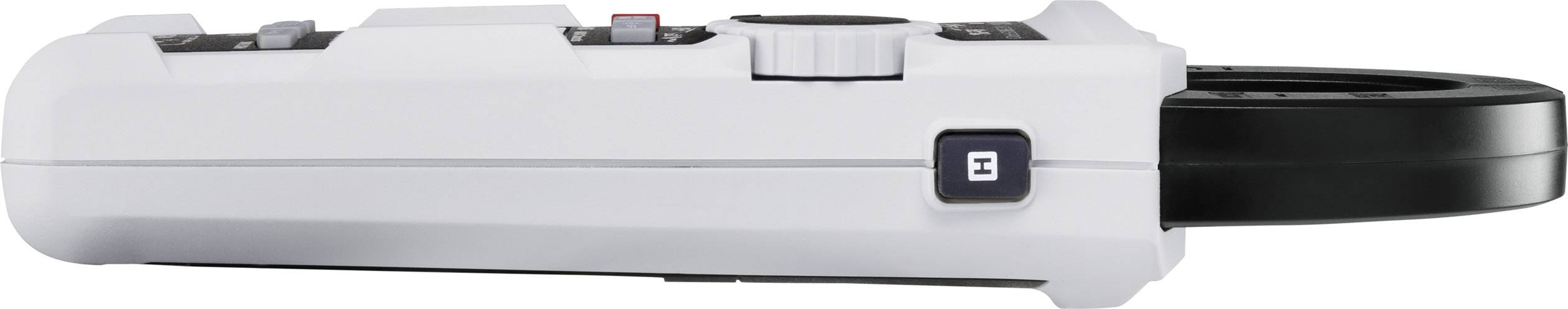 Graues, kompaktes elektronisches Gerät mit Knöpfen und schwarzem kreisförmigem Teil, möglicherweise ein Messgerät.