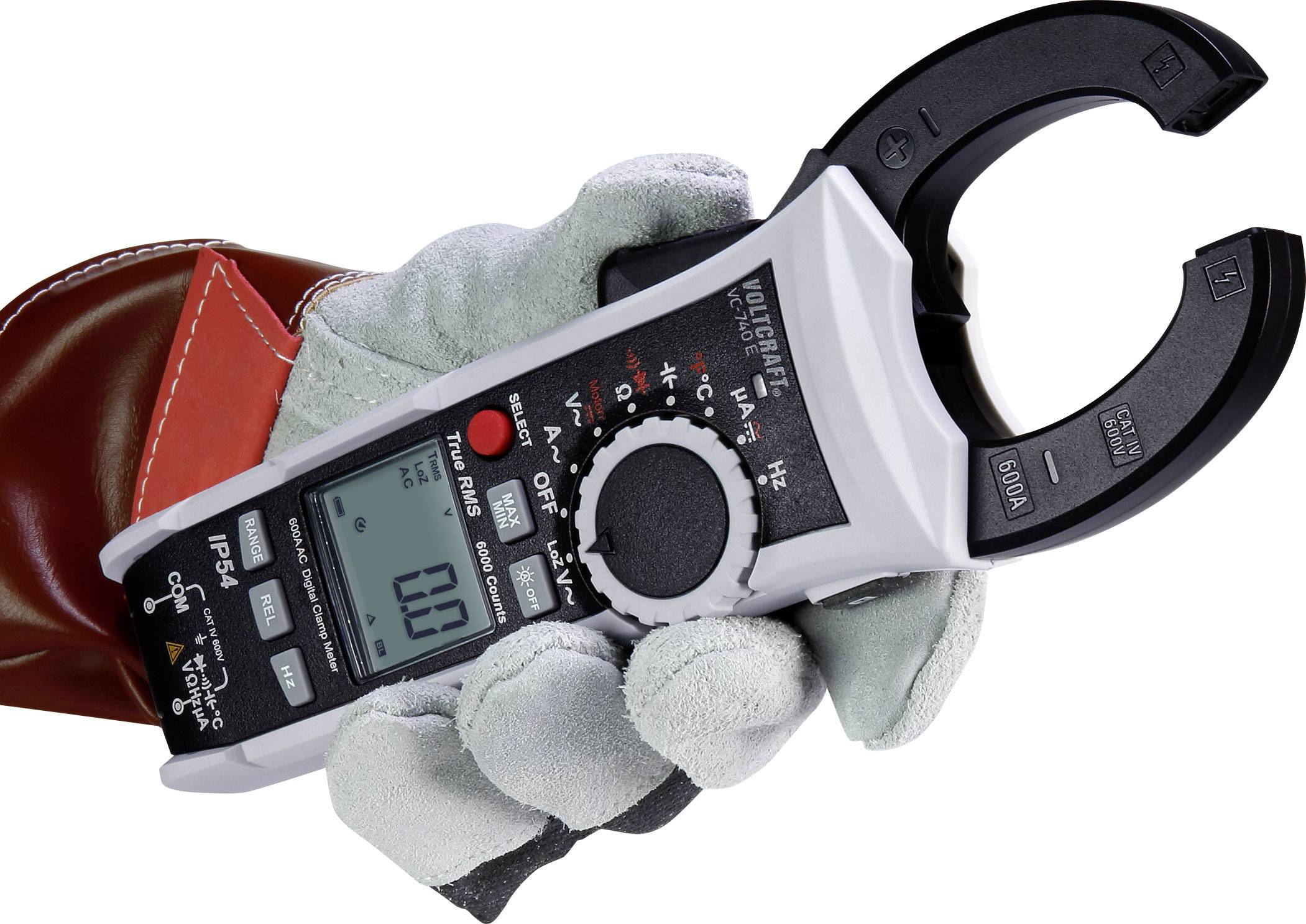 Hand hält ein digitales Strommessgerät mit einer offenen Zange für Kontaktmessungen. Das Display zeigt '0.0' an.