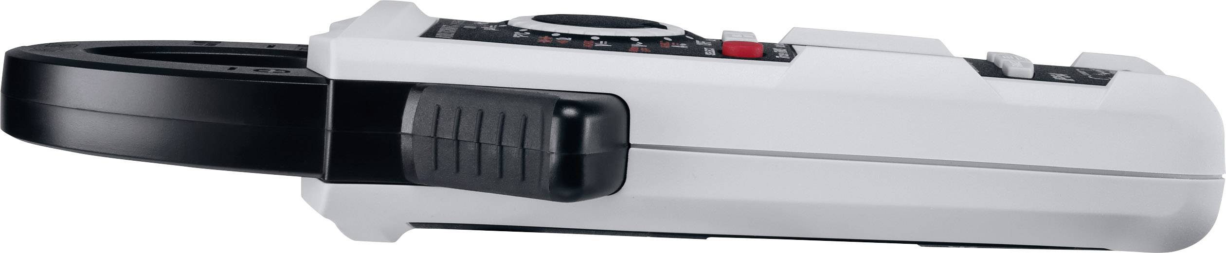 Ein weißes elektrisches Messgerät mit schwarzer Zange an der Seite. Es wird zur Messung von elektrischen Parametern verwendet.