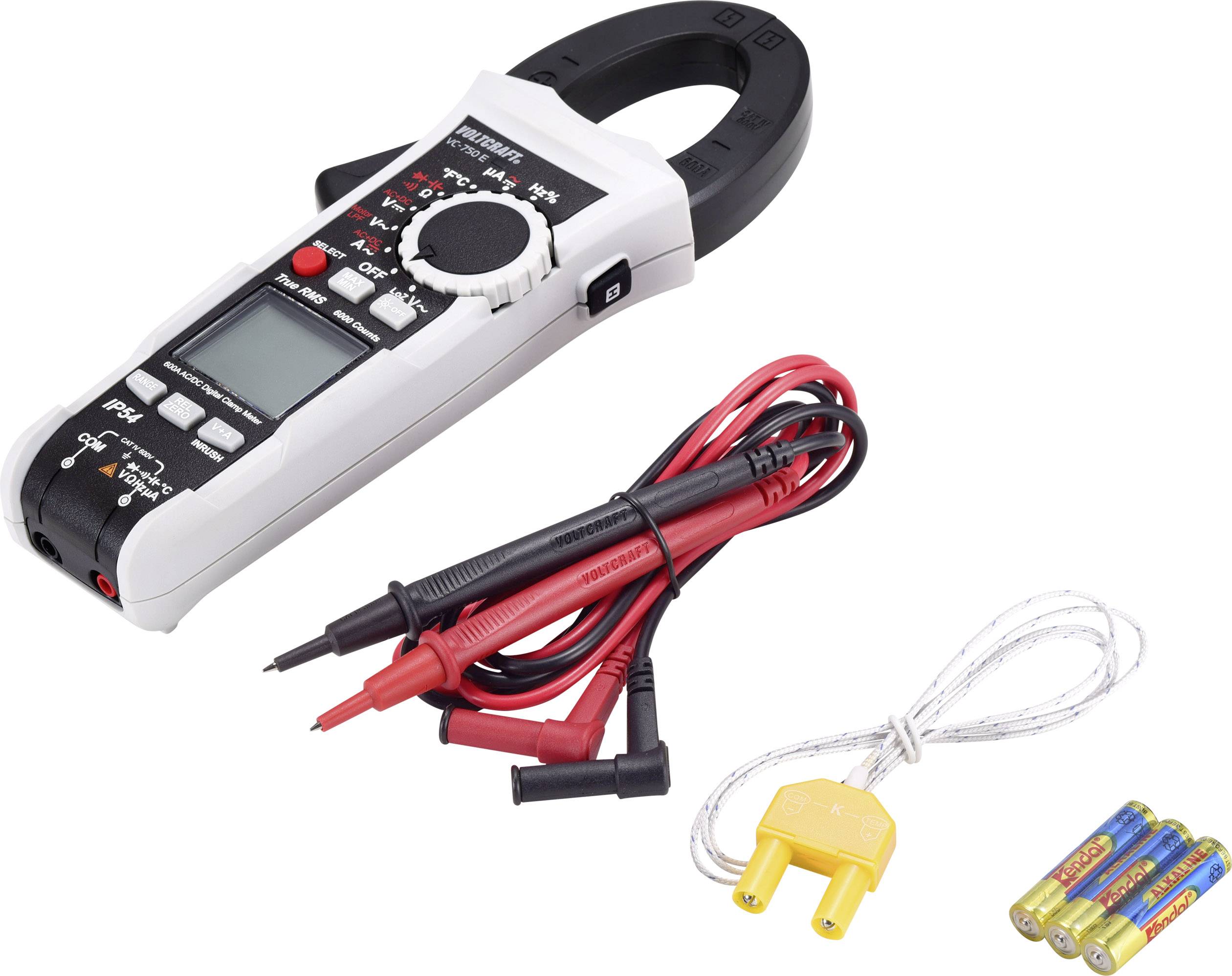 Ein digitales Multimeter mit Klemmen und Kabeln zur Messung elektrischer Größen, daneben liegen Batterien.
