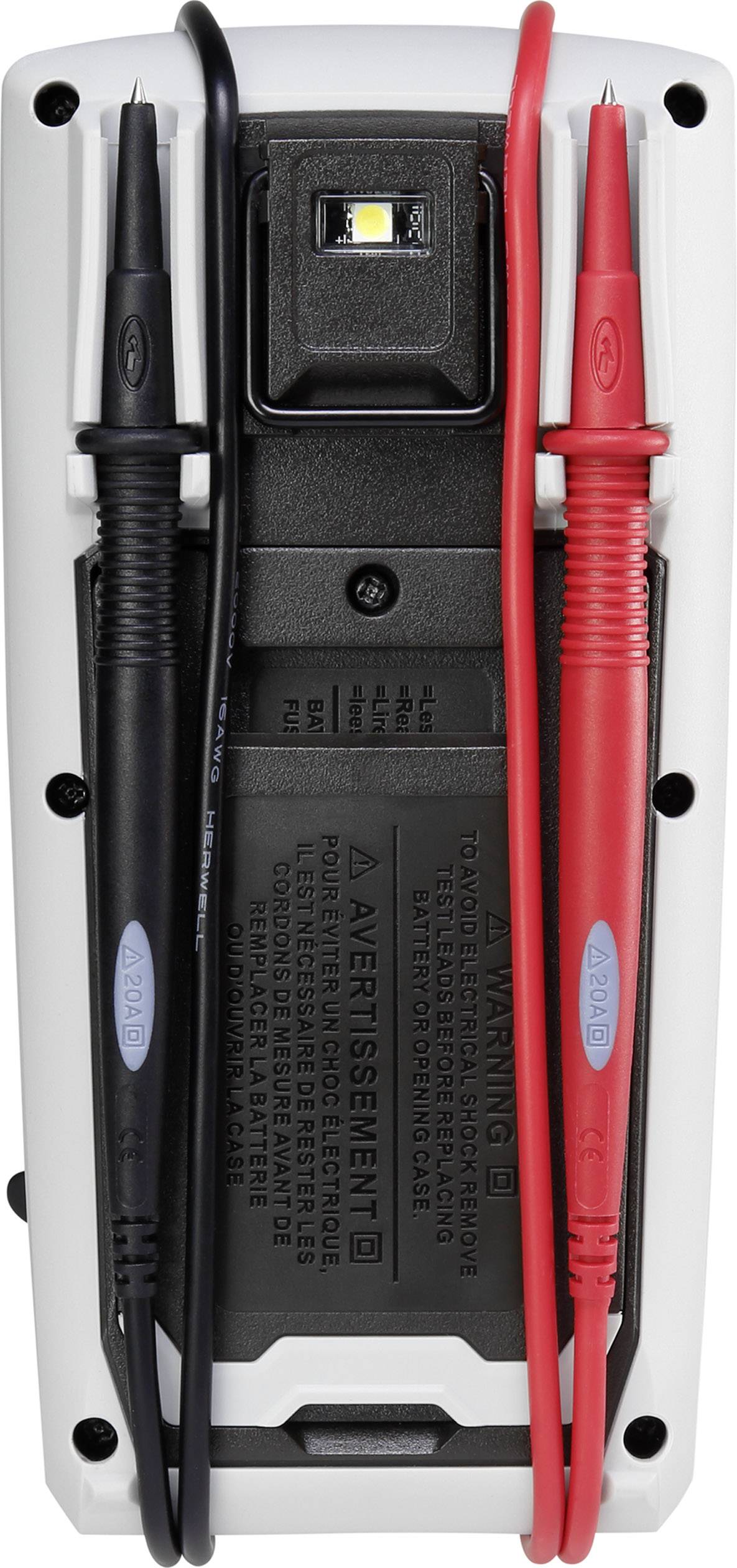 Multimeter-Rückseite mit schwarzer und roter Messleitung. Verbundene Kabel sind auf einem grauen Gehäuse ordentlich positioniert.