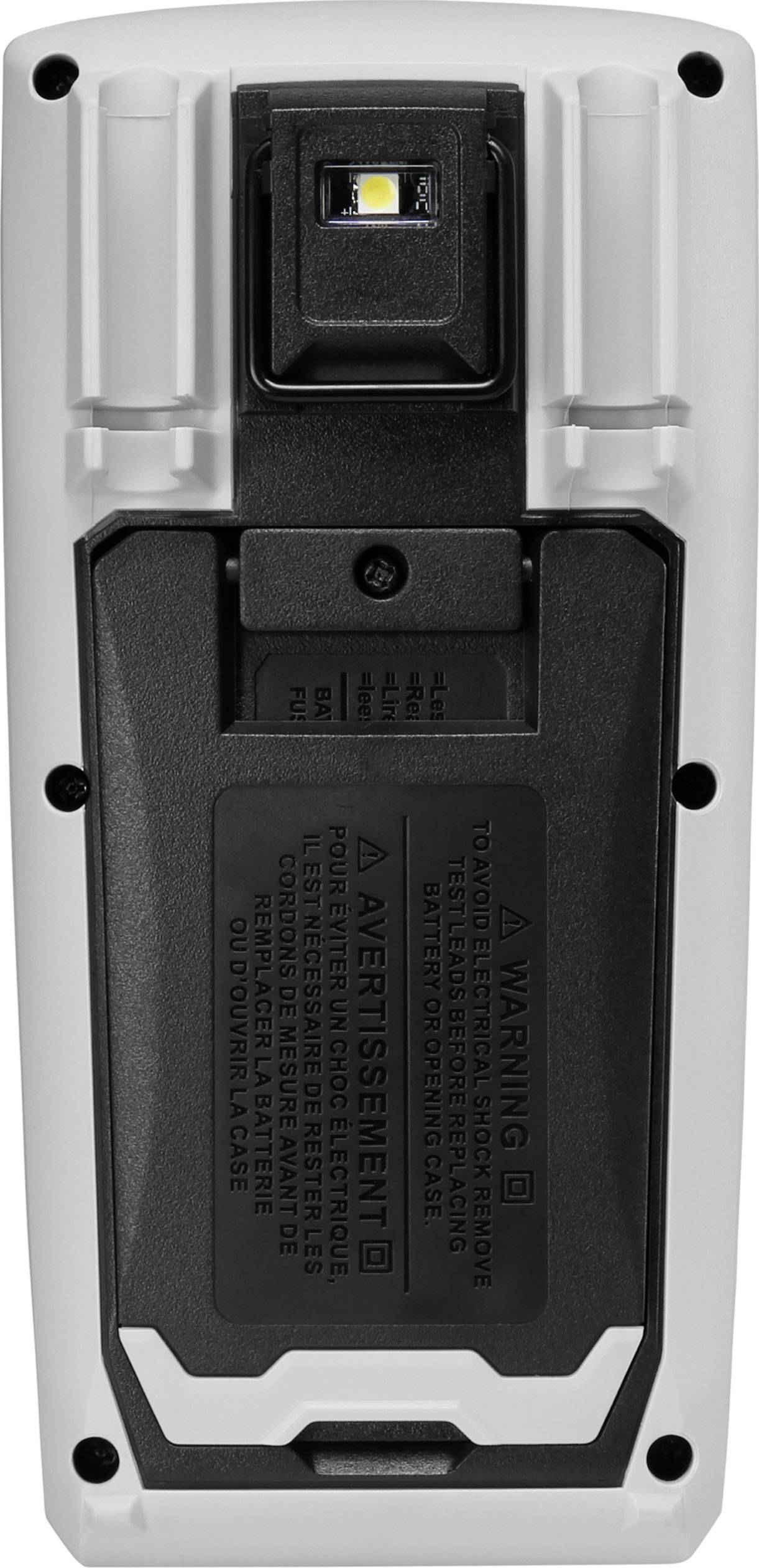 Ein tragbares elektronisches Gerät mit einem integrierten LED-Licht und Warnhinweisen auf der Rückseite, verwendet zur Messung.