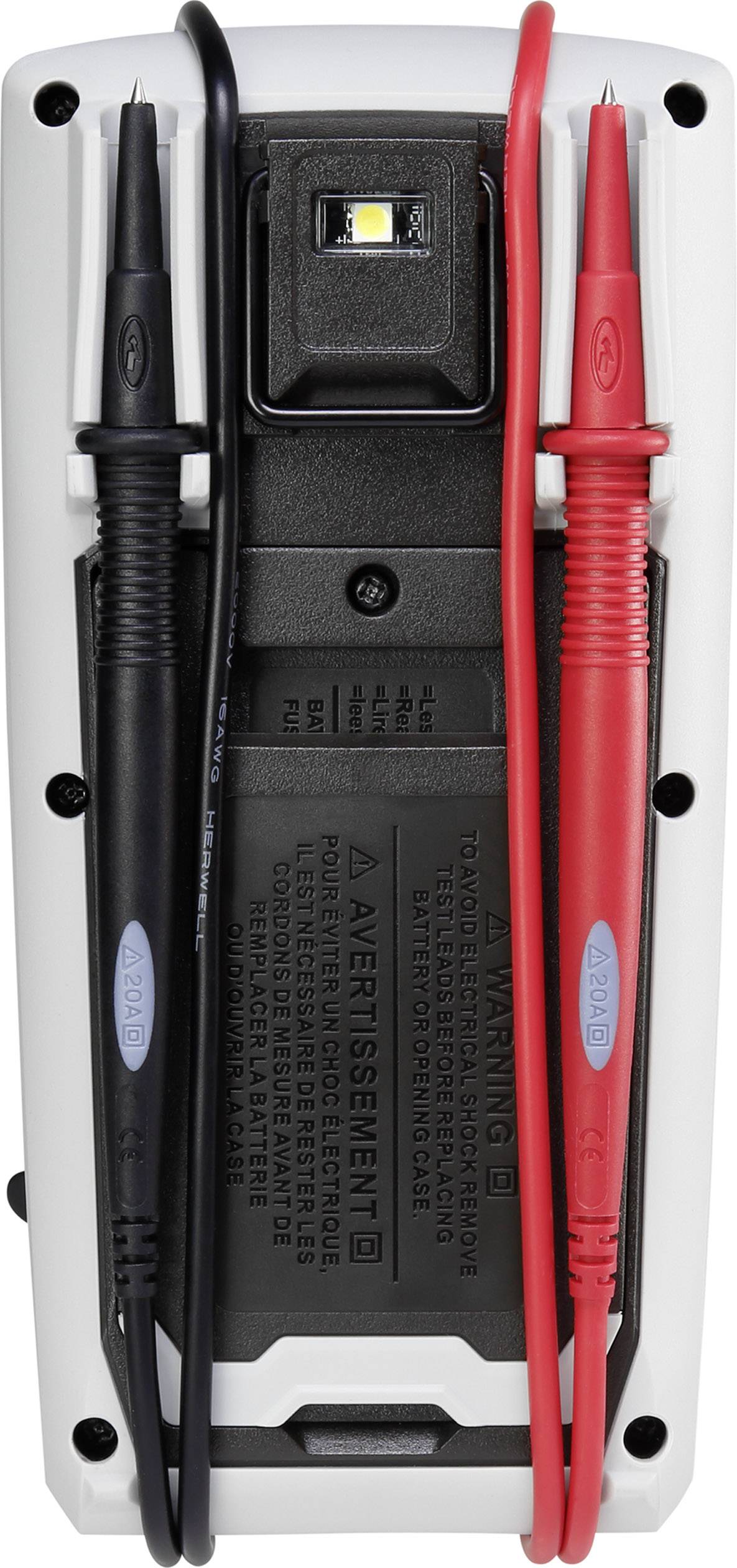 Multimeter-Rückseite mit einer LED-Lampe und zwei Prüfspitzen, eine schwarz, eine rot, die an den Seiten befestigt sind.