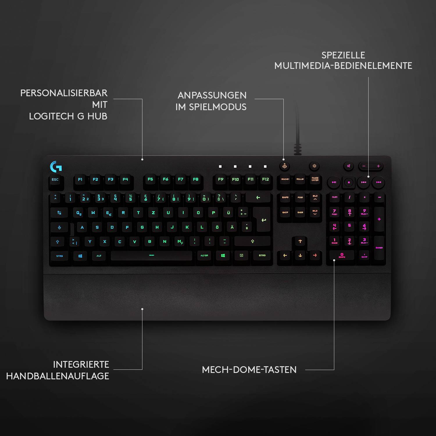 Logitech Gaming G213 Prodigy USB Gaming-Tastatur Deutsch, QWERTZ Schwarz Beleuchtet, Spritzwassergeschützt