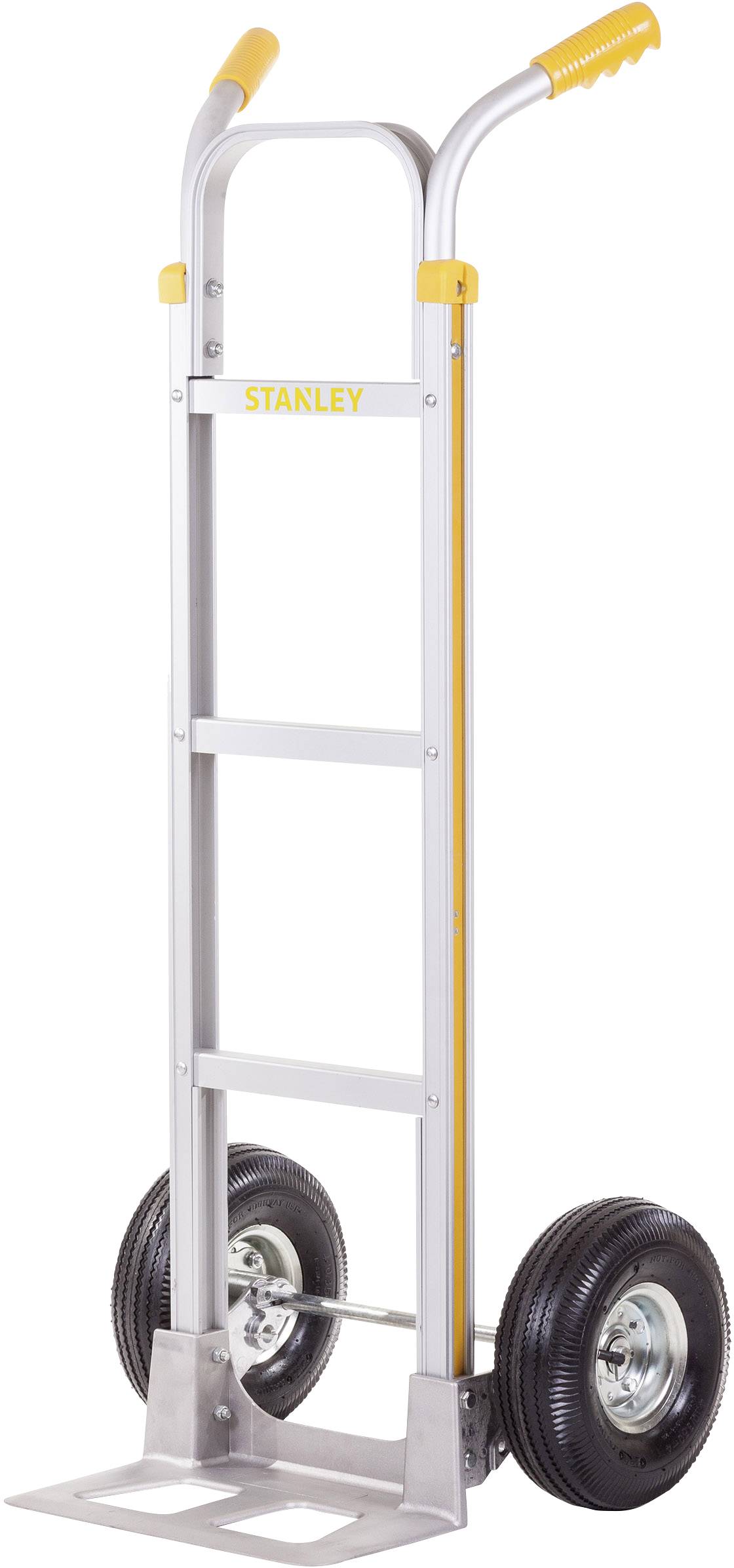 Eine sackkarre mit gelbem Griff und großen schwarzen Rädern, ideal zum Transport schwerer Lasten.