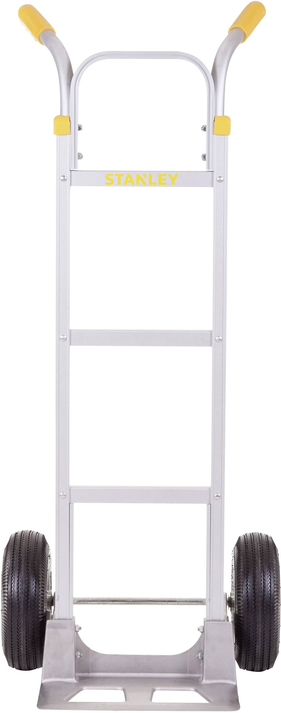 Eine silberne Sackkarre mit schwarzen Rädern und gelben Griffen. Ein gelber Aufdruck 'STANLEY' befindet sich auf der Vorderseite.