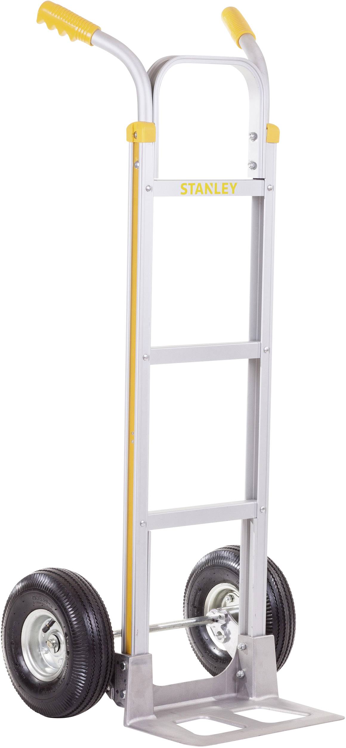 Transportkarre mit gelbem Griff und zwei großen Gummirädern, ideal zum Bewegen von schweren Gegenständen.