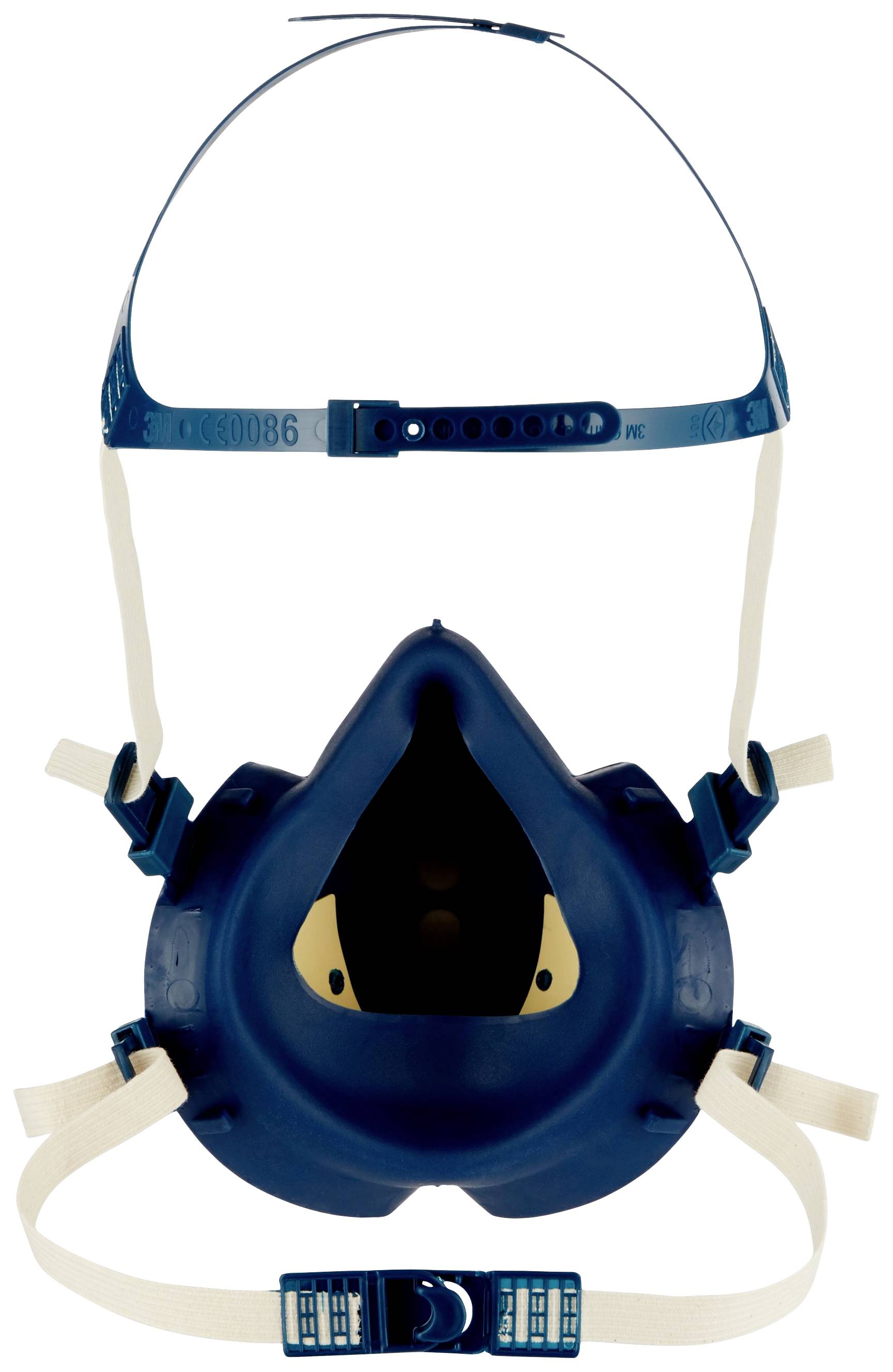 Eine blaue Atemschutzmaske mit verstellbaren Riemen und Sicherheitsverschluss, zur persönlichen Schutzausrüstung gehörend.