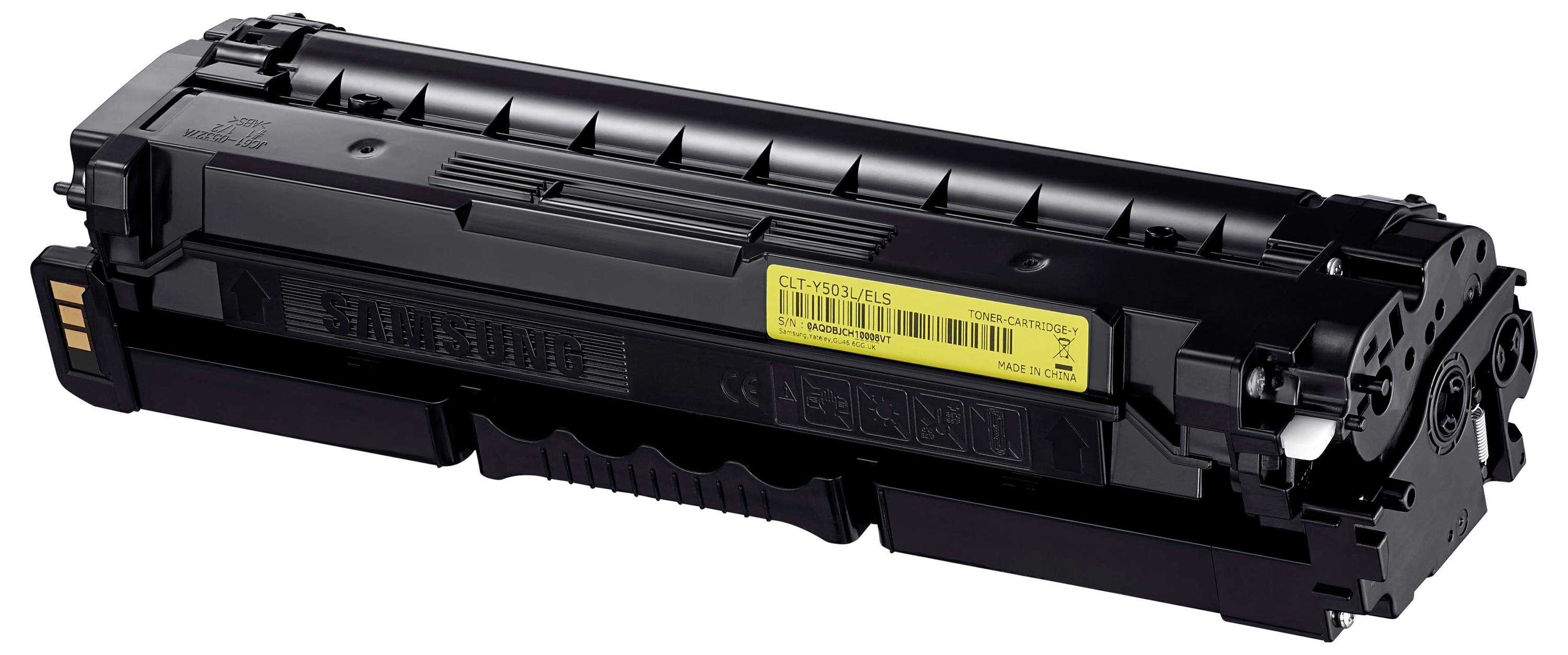 Schwarze Samsung-Laserdrucker-Tonerkartusche mit gelbem Etikett auf weißem Hintergrund gezeigt.