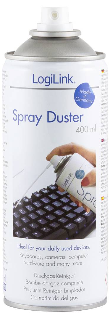 Sprühdose LogiLink Spray Duster, 400 ml, für Computerreinigung. Bild von Tastatur und Sprühvorgang auf der Dose.