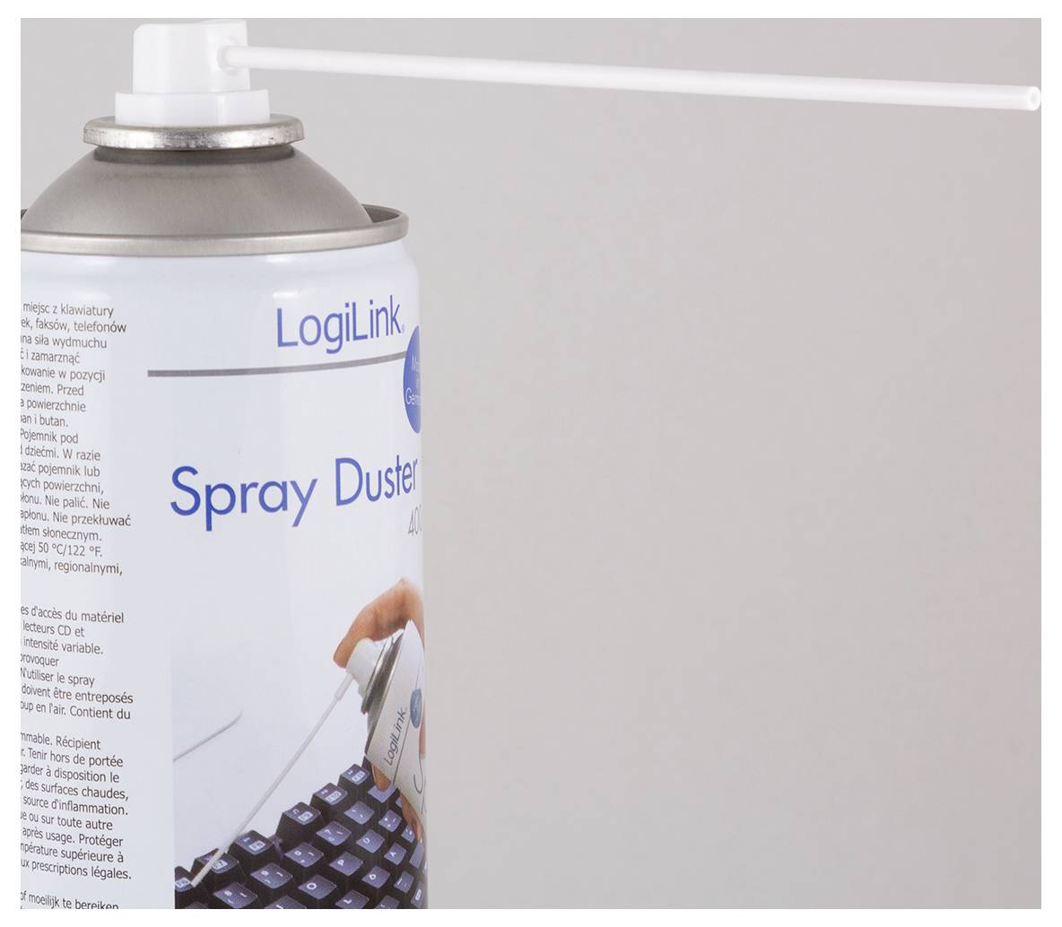 Spraydose mit langem Düsenschlauch, Etikett zeigt 'Spray Duster', verwendet zur Reinigung von Tastaturen und Elektronik.