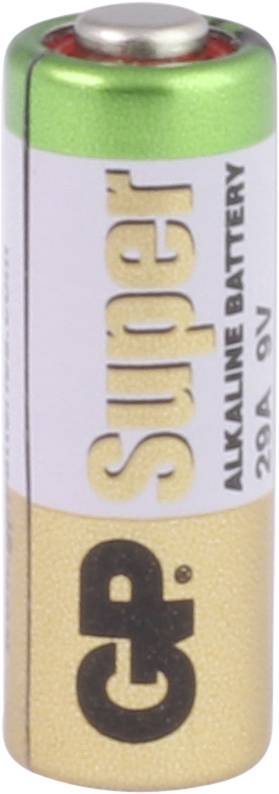 Eine Alkaline-Batterie der Marke CP Super, Typ 29A, 9 Volt, mit goldener und grüner Hülle.