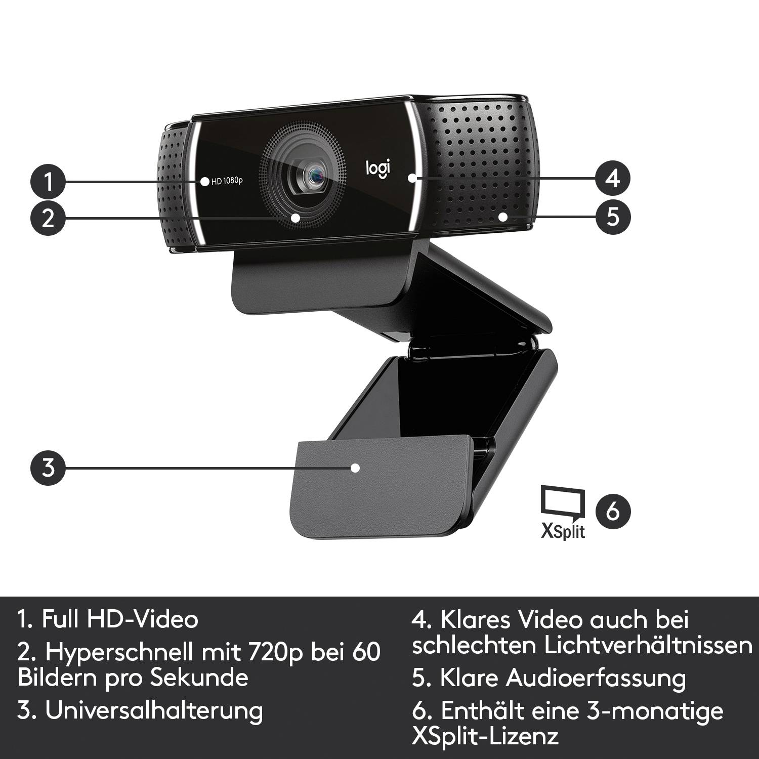 Logitech C922 Pro Stream Full HD-Webcam 1920 x 1080 Pixel Standfuß, Klemm-Halterung